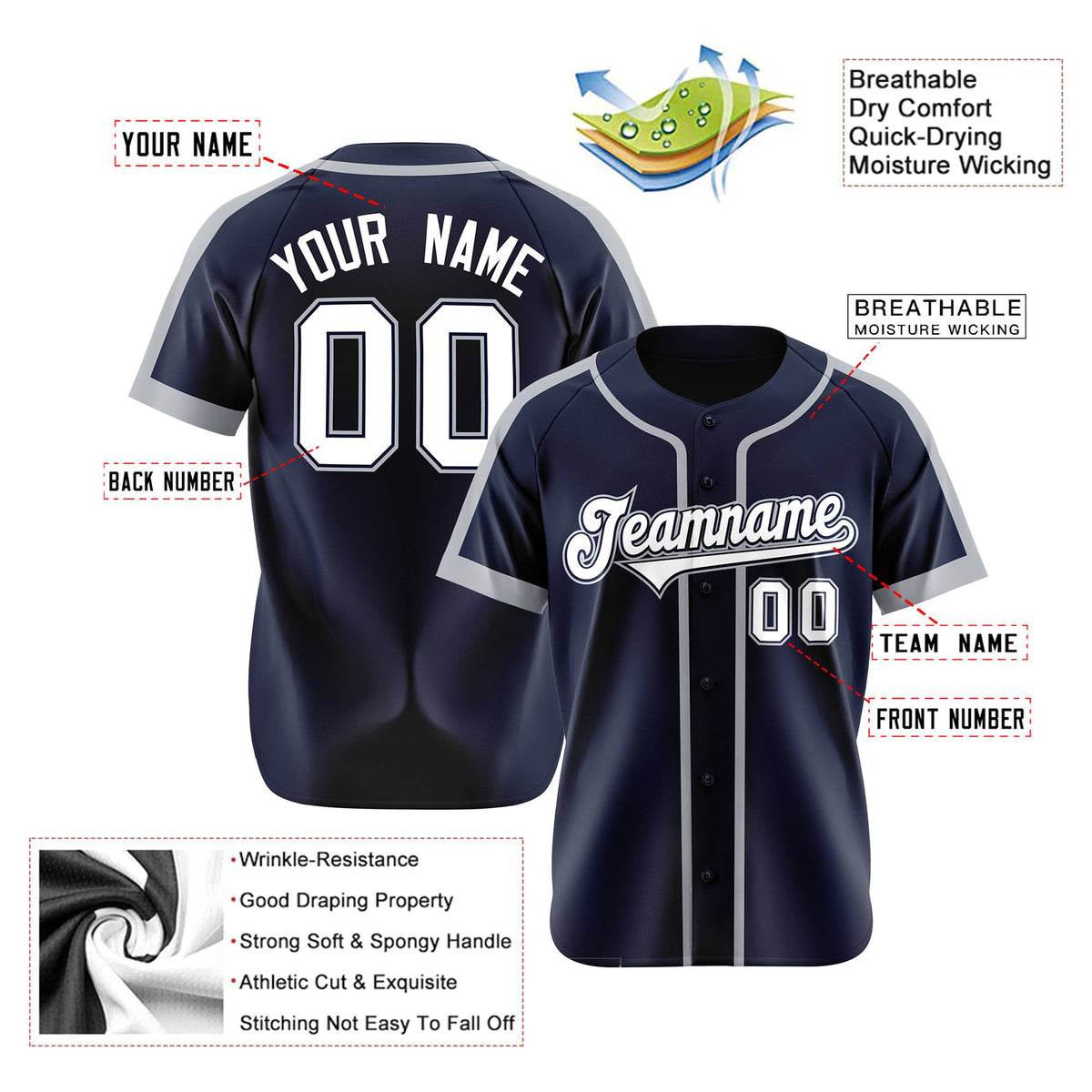 Custom Navy Gray White Baseball Jersey
