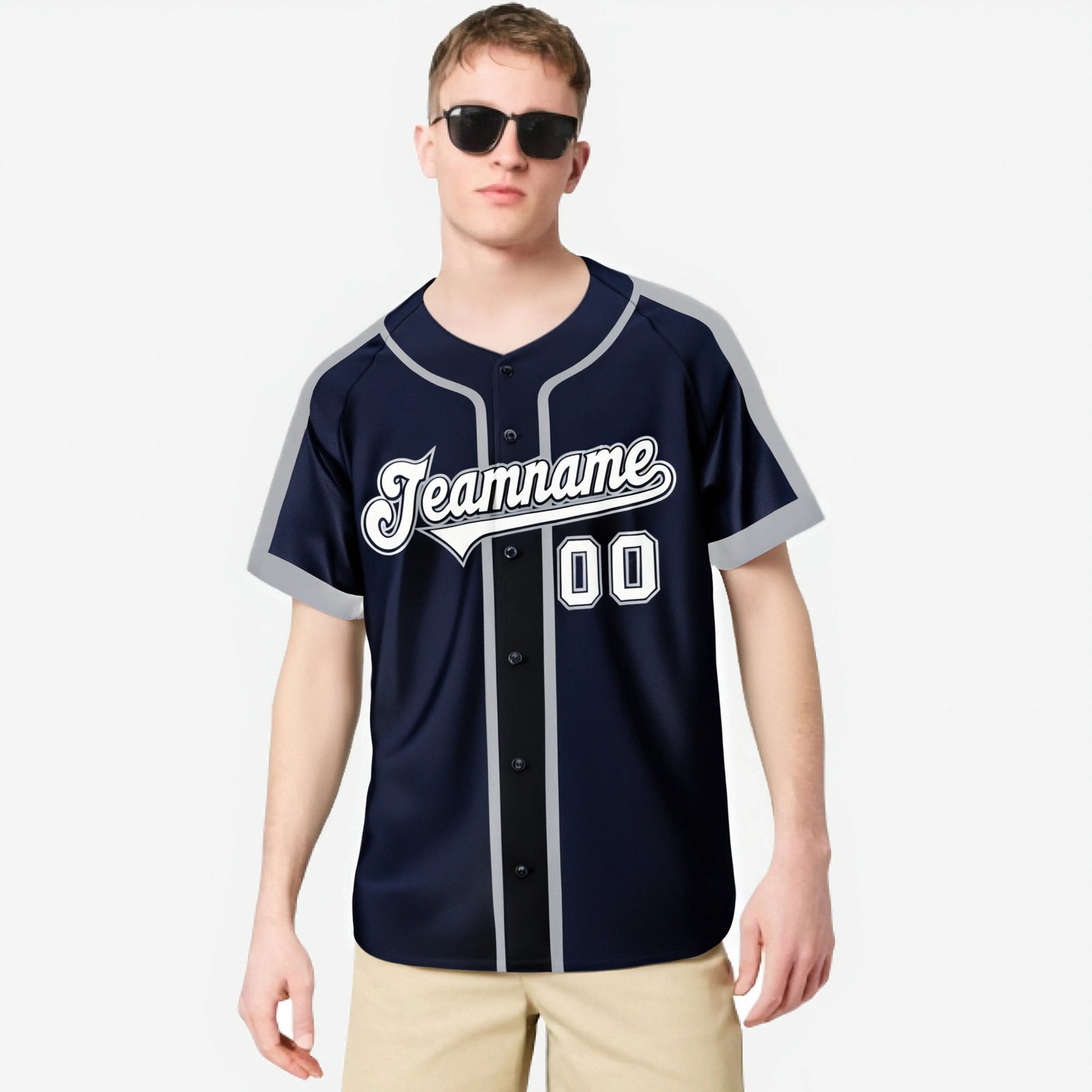 Custom Navy Gray White Baseball Jersey