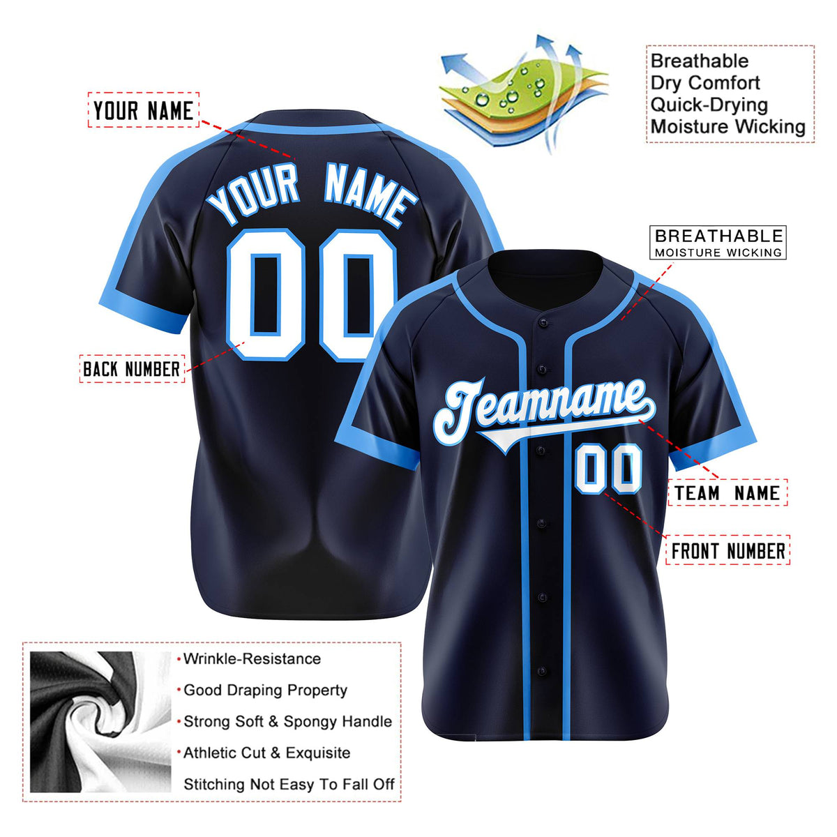 Custom Navy Light Bule White Baseball Jersey