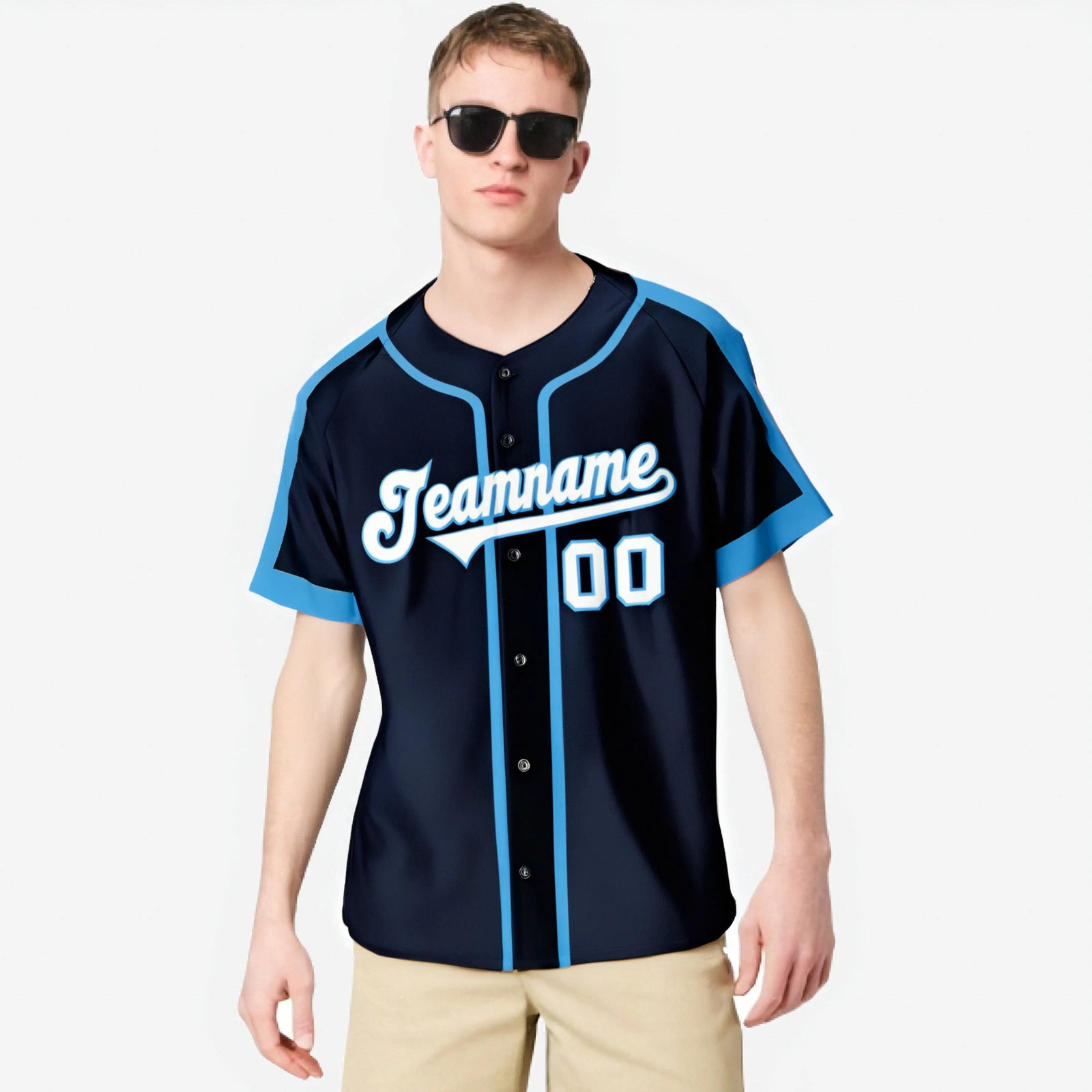 Custom Navy Light Bule White Baseball Jersey