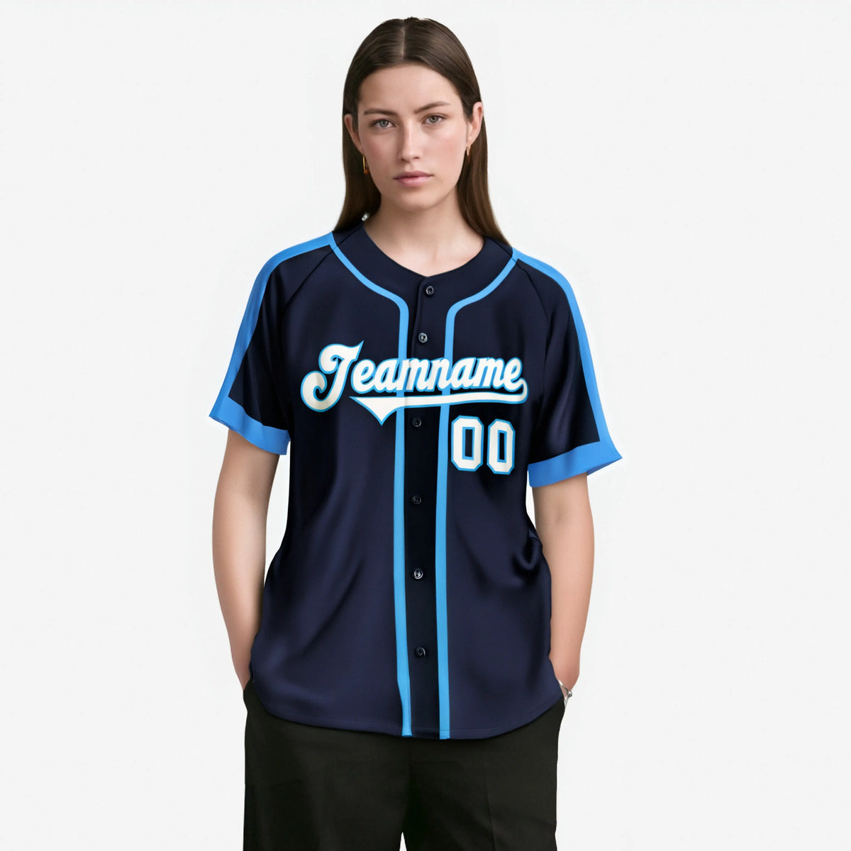 Custom Navy Light Bule White Baseball Jersey