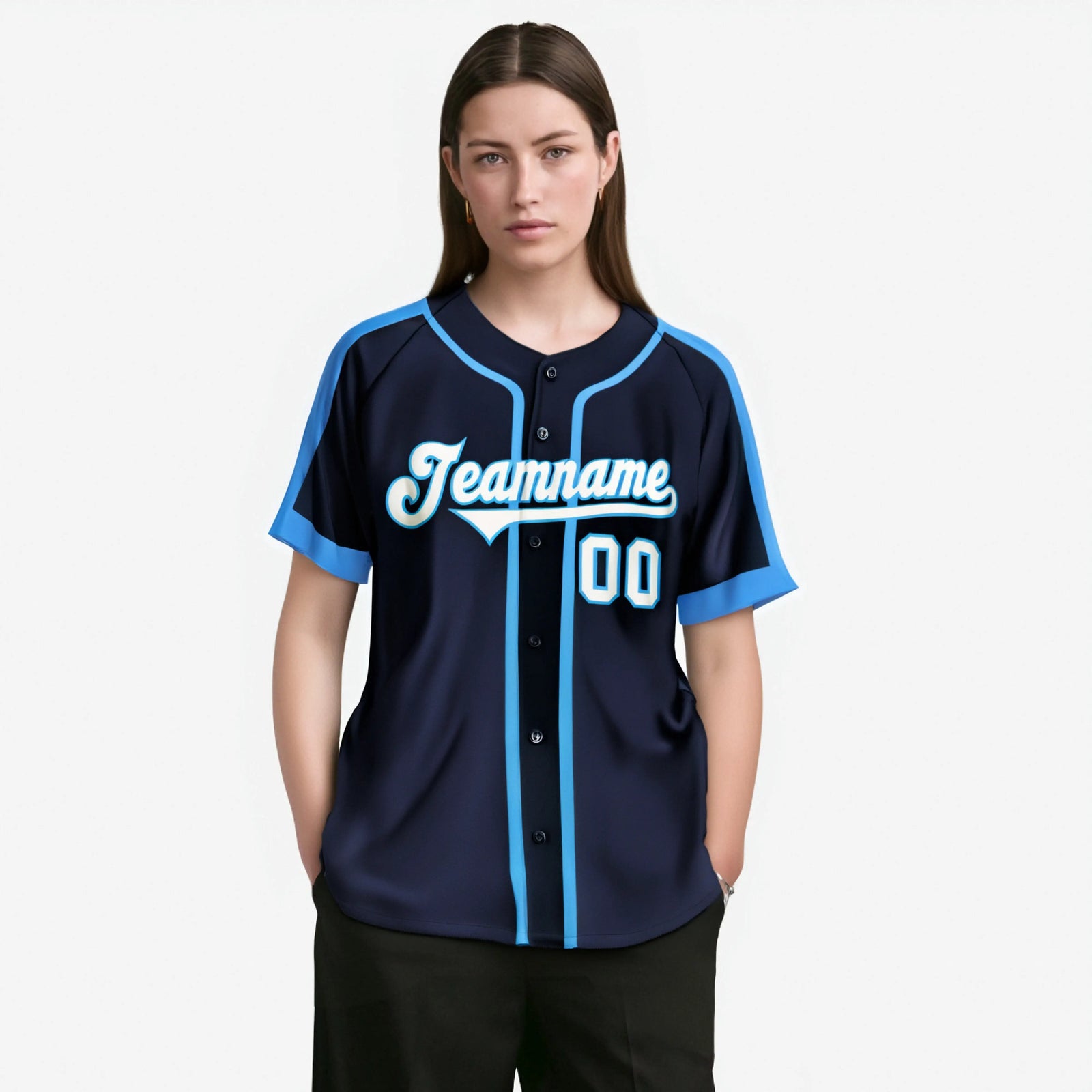 Custom Navy Light Bule White Baseball Jersey