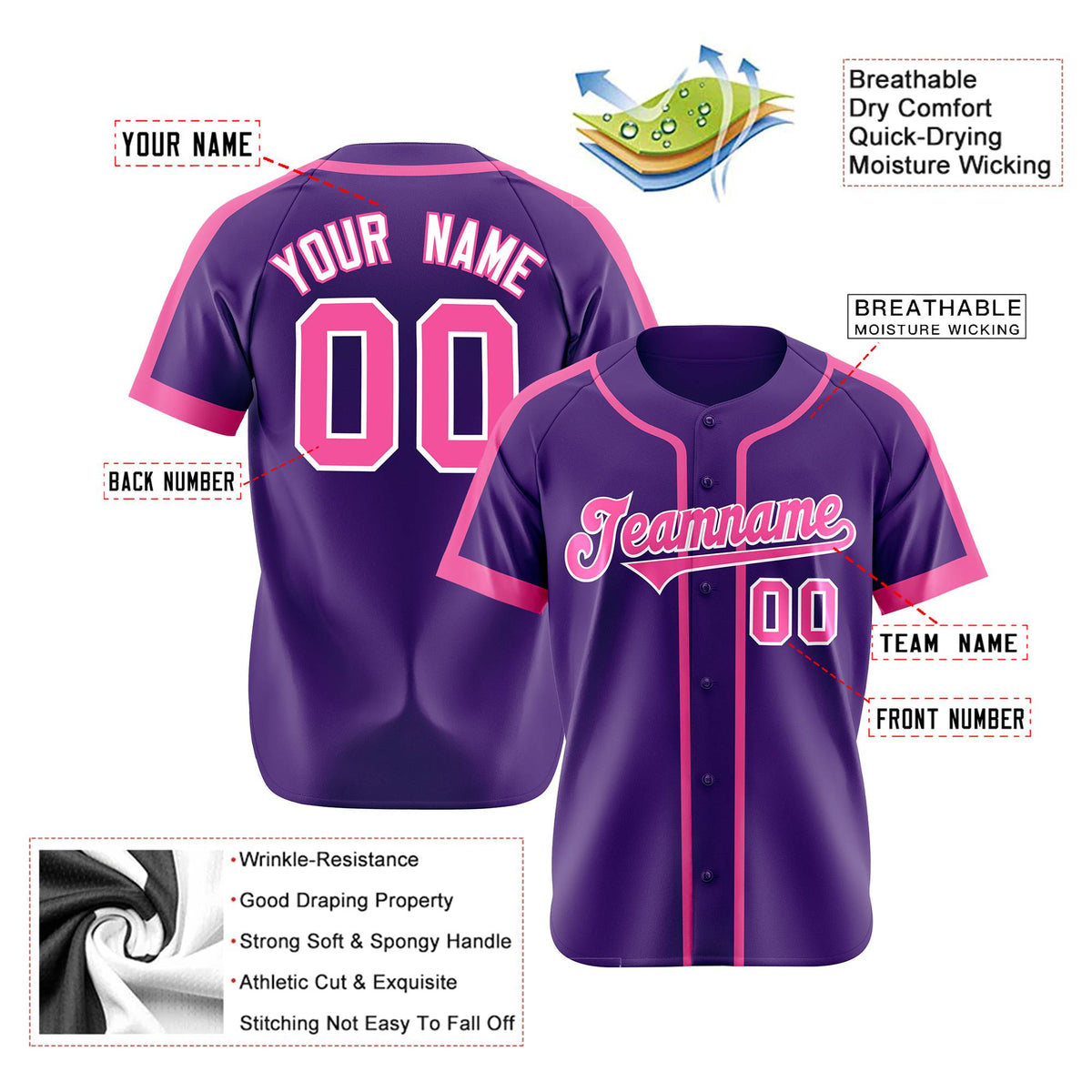 Custom Purple Pink White Baseball Jersey