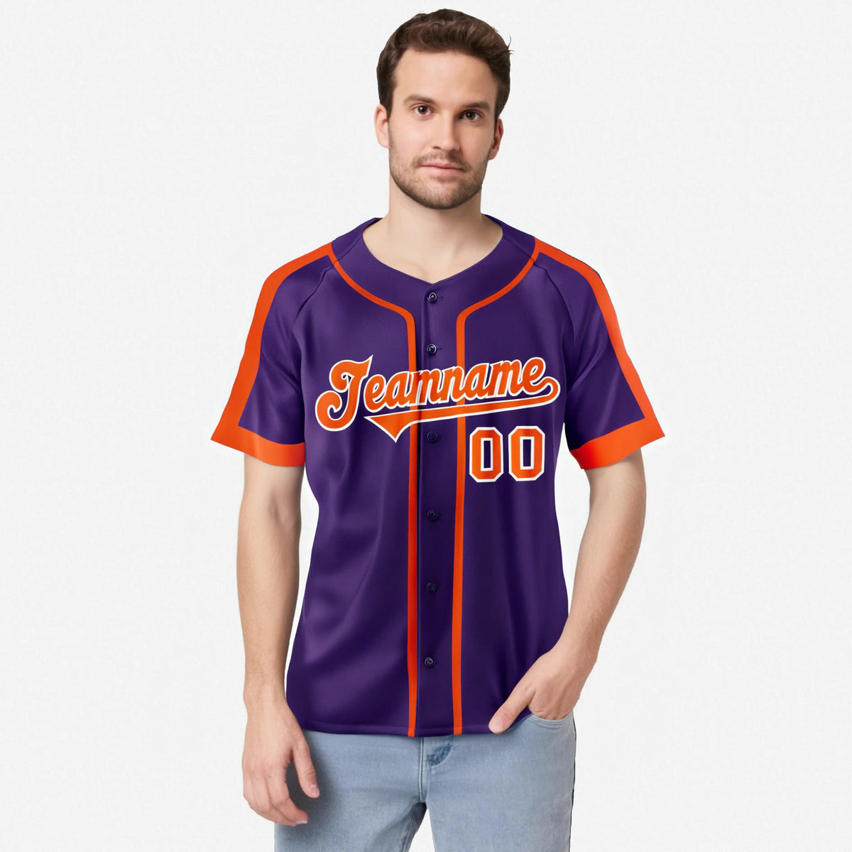 Camiseta de béisbol personalizada en morado, naranja y blanco