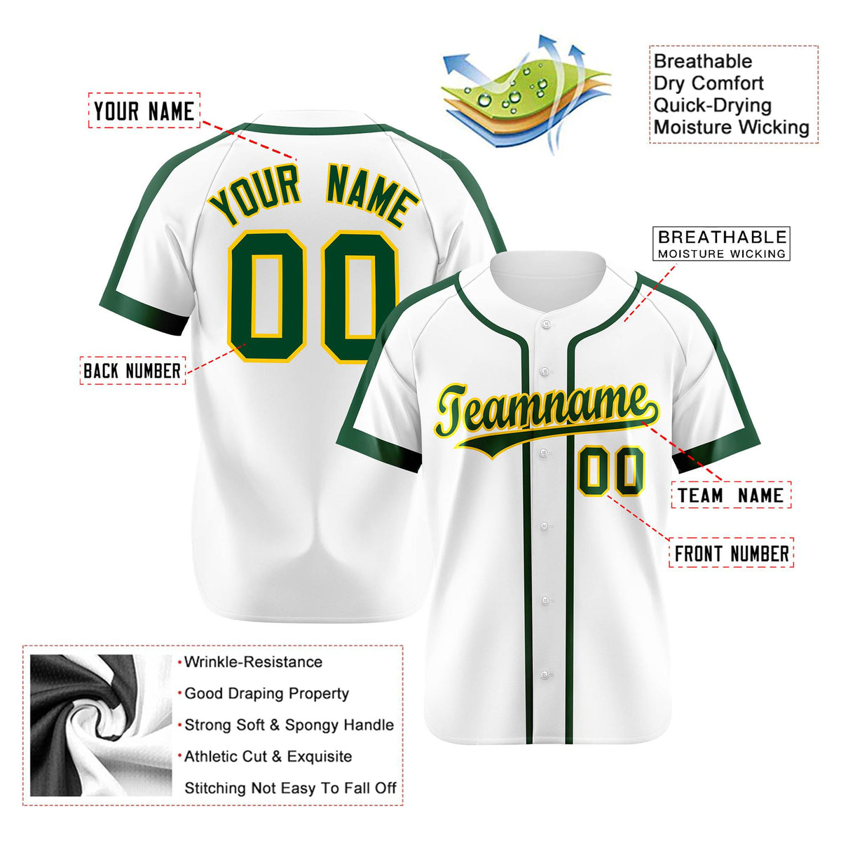 Custom White Green Baseball Jersey Personalized For Adults Youth