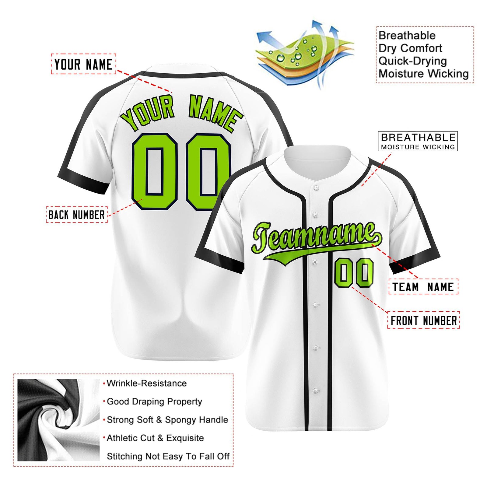 Custom White Green Black Baseball Jersey Personalized For Adults Youth