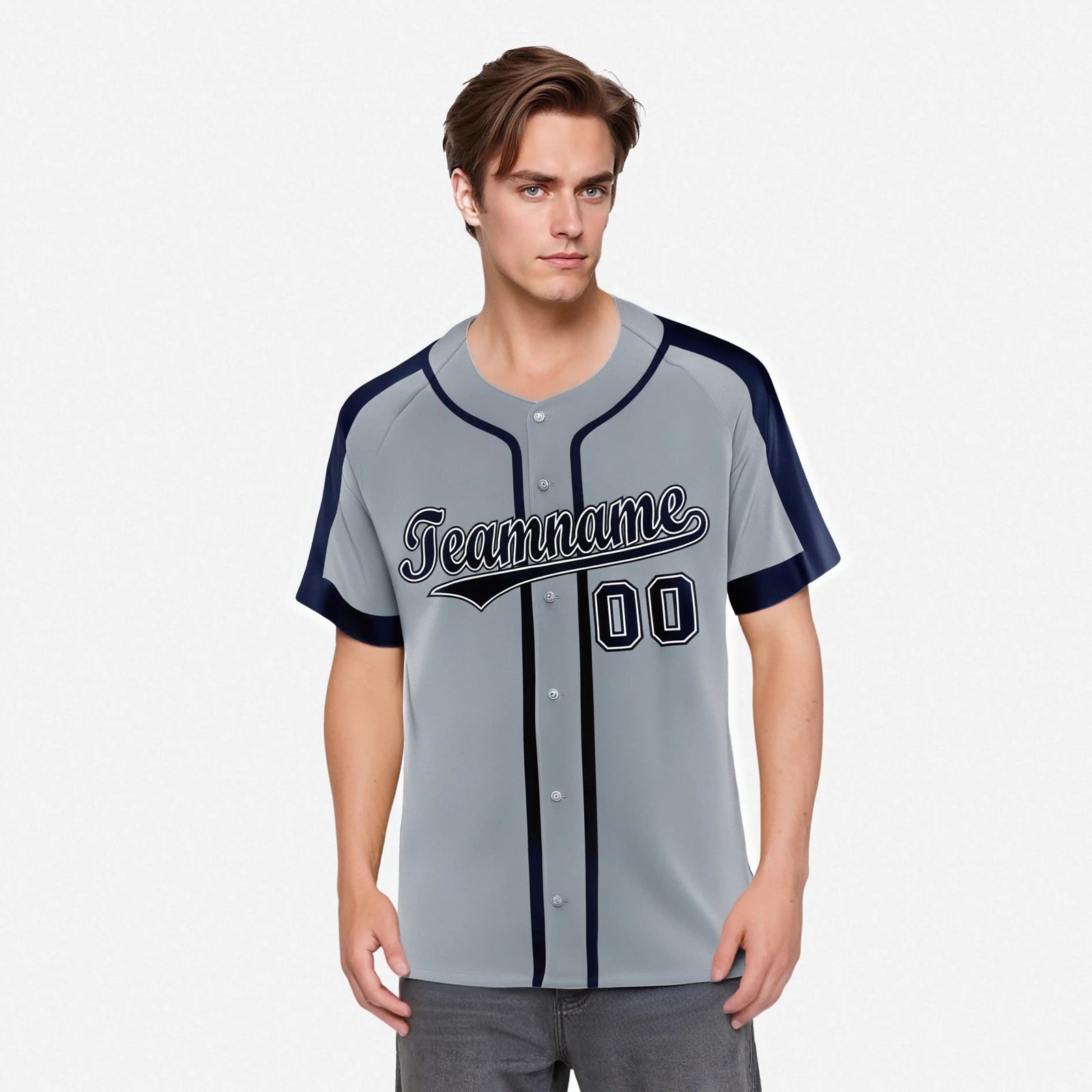Custom Gray Navy White Baseball Jersey Personalized For Adults Youth
