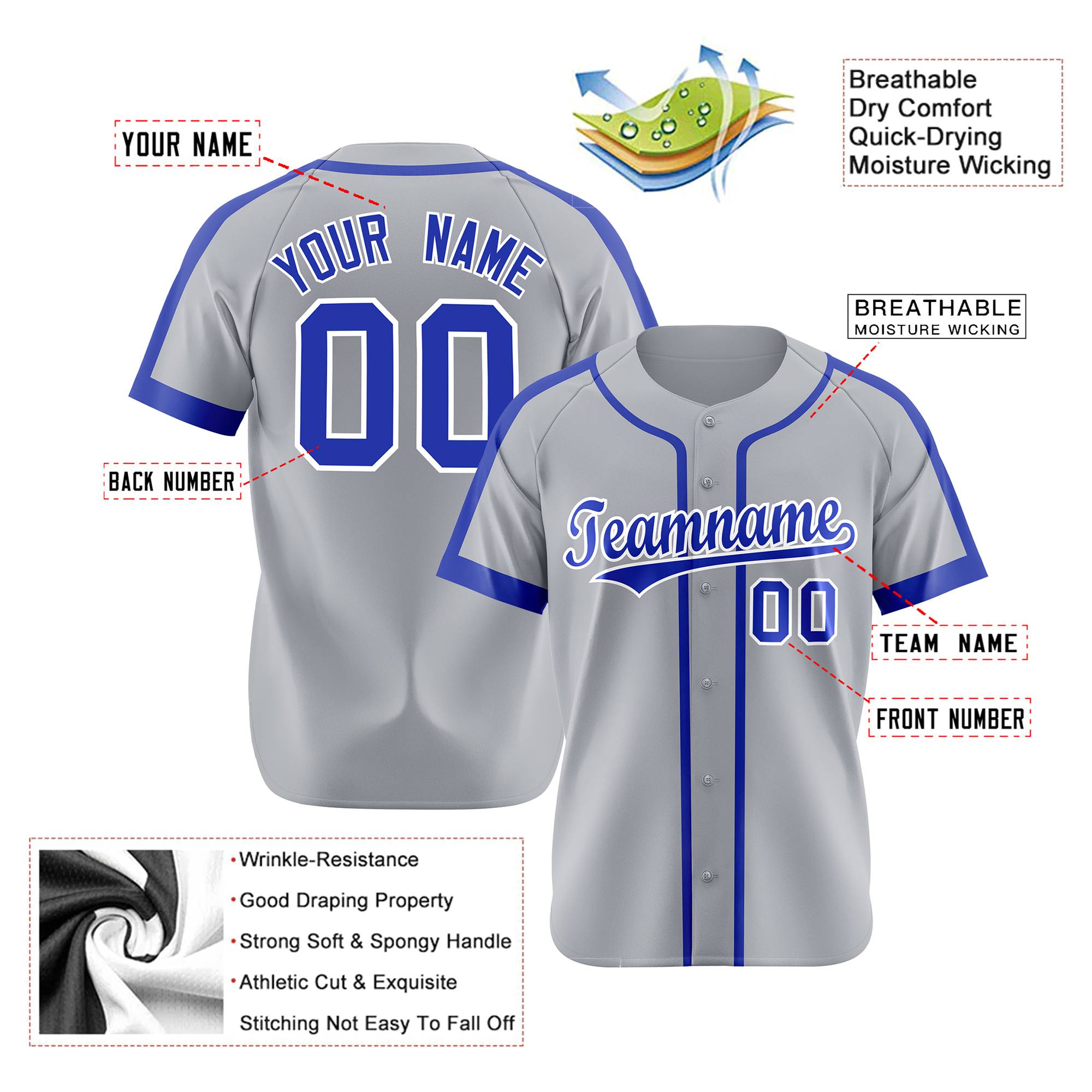 Custom Gray Royal Blue White Baseball Jersey Personalized For Adults Youth