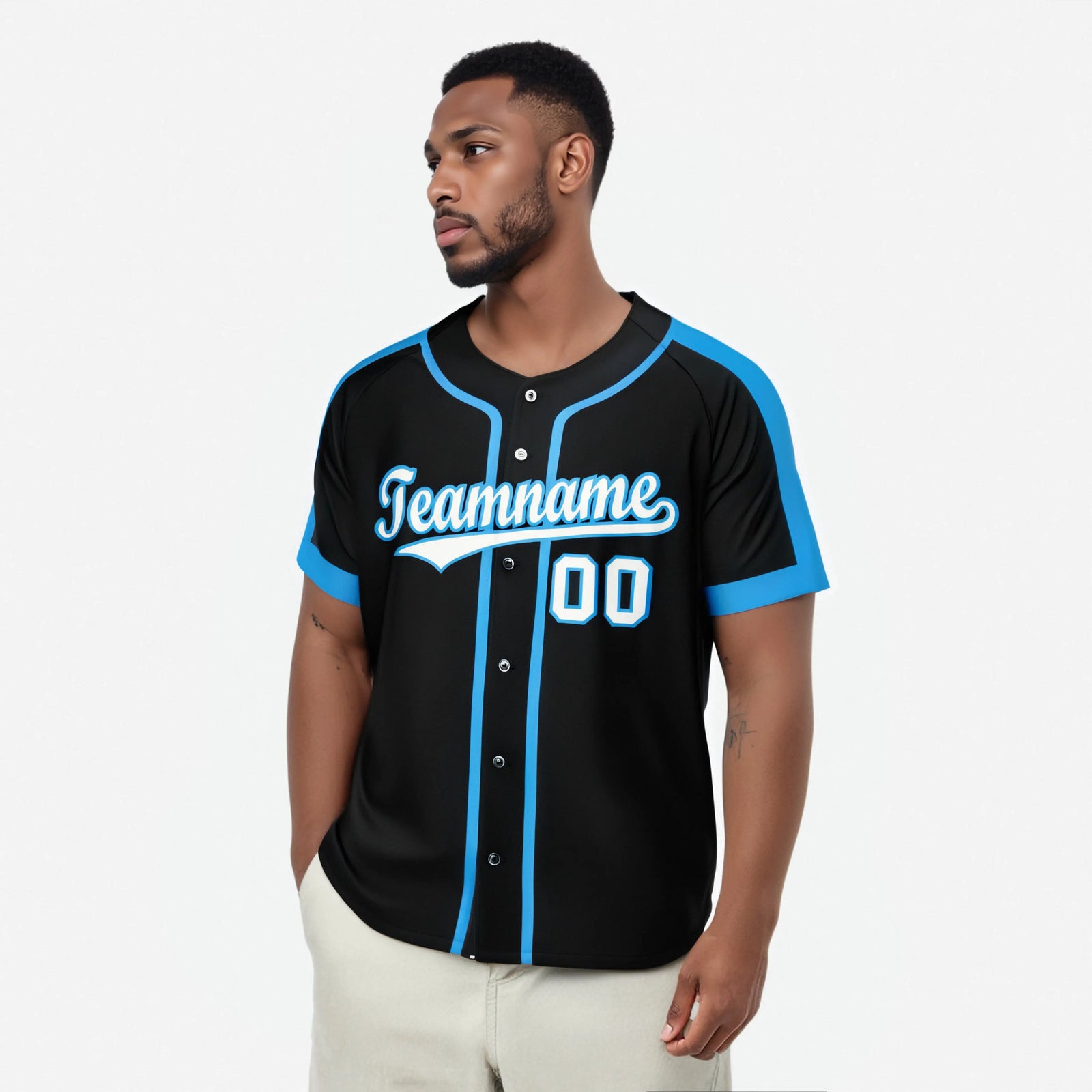 Custom Black Light Blue White Baseball Jersey