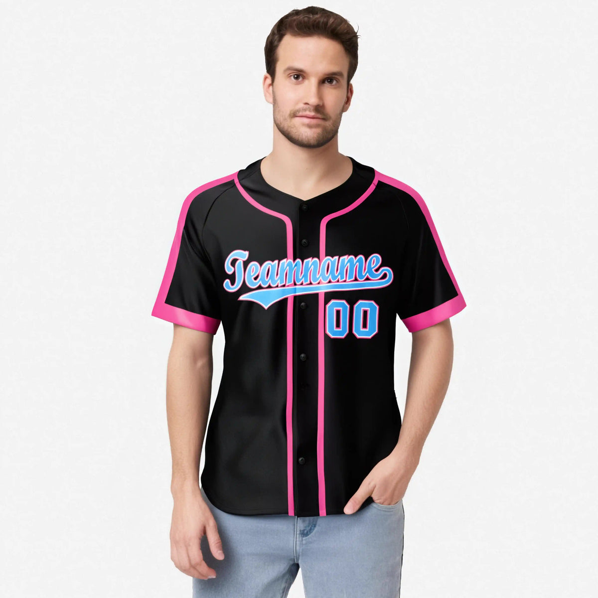Custom Black Pink Bule White Baseball Jersey