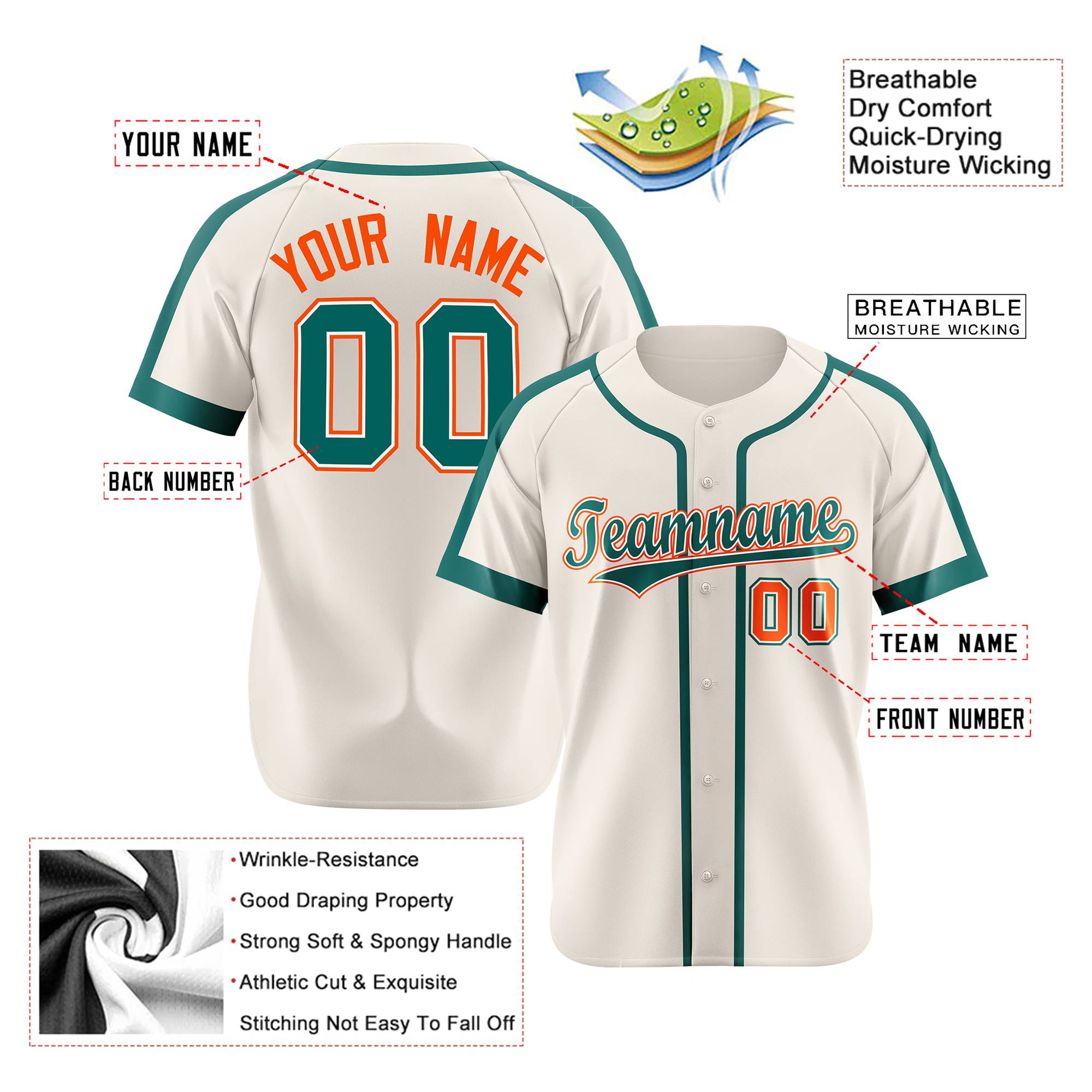 Custom Khaki Aqua Orange Baseball Jersey