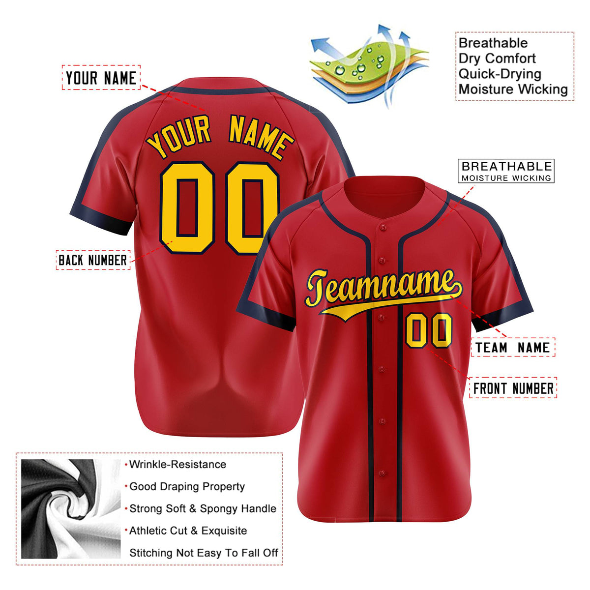 Custom Red Yellow Navy Baseball Jersey