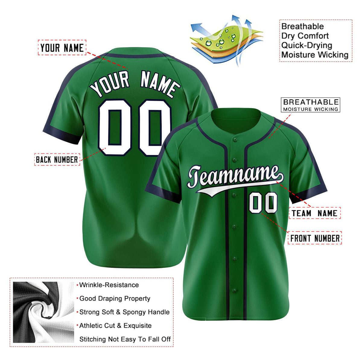 Custom Kelly Green Navy White Baseball Jersey
