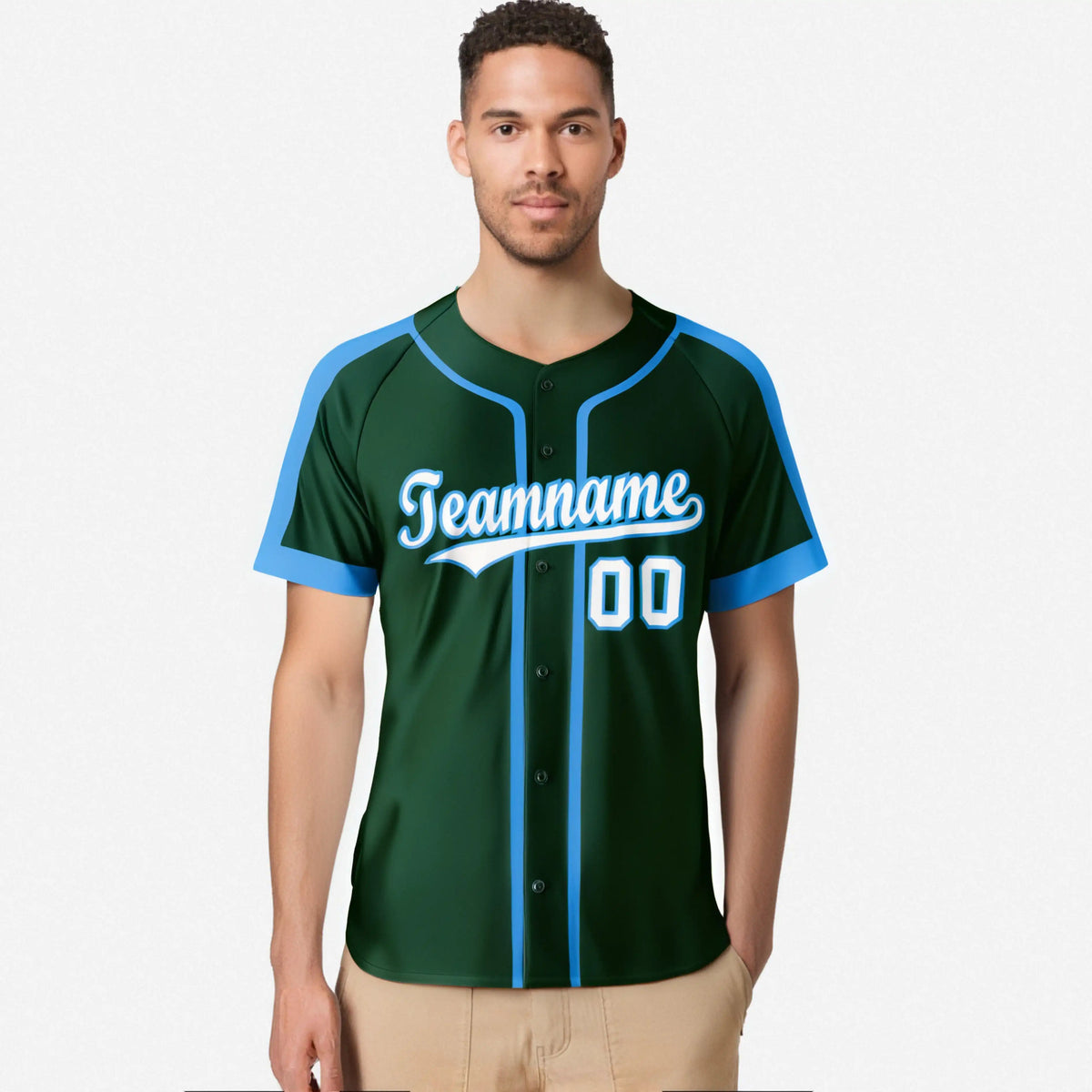 Custom Kelly Green Powder Blue White Baseball Jersey