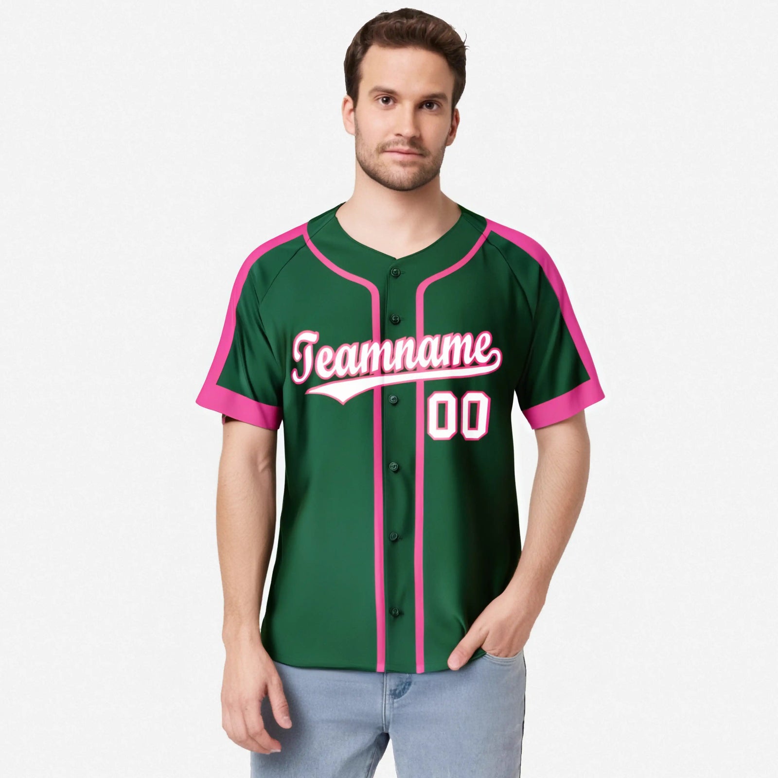 Custom Green Pink White Baseball Jersey