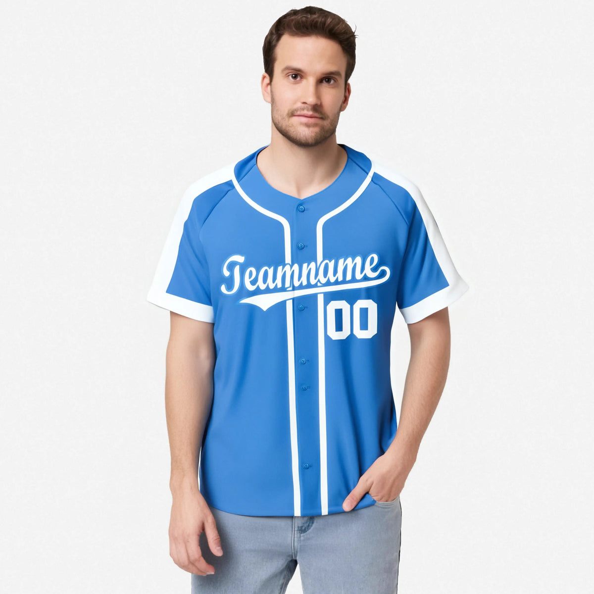 Custom Powder Blue Pink Baseball Jersey