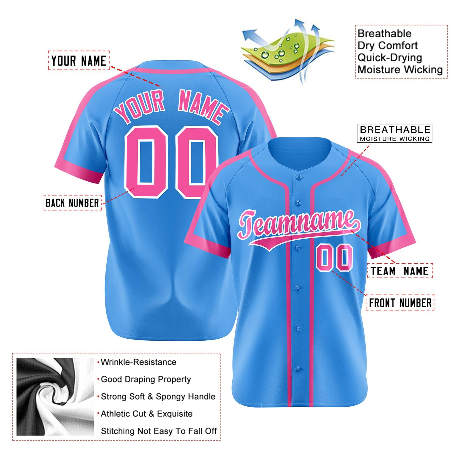 Custom Powder Blue Pink White Baseball Jersey