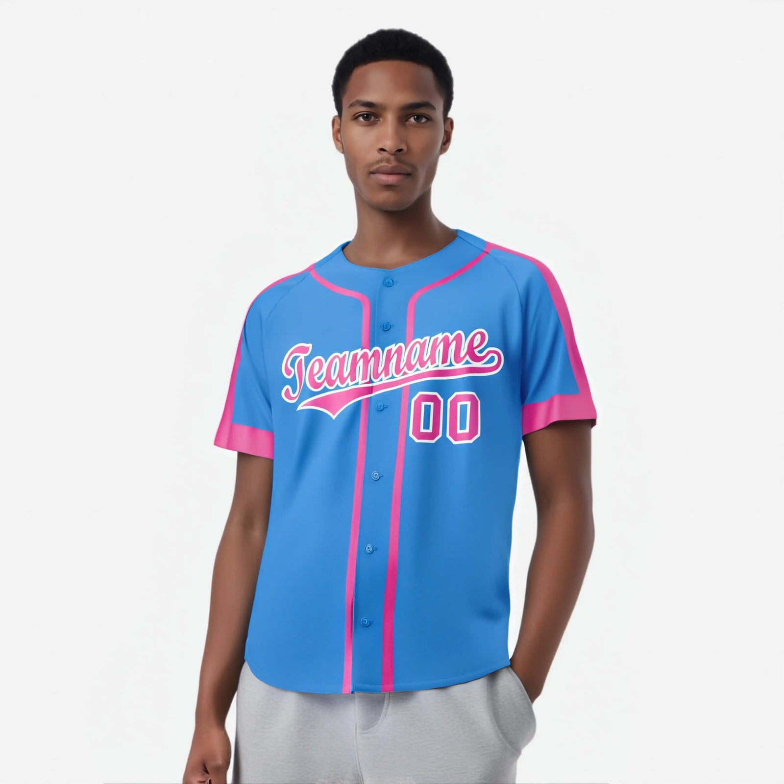 Custom Powder Blue Pink White Baseball Jersey