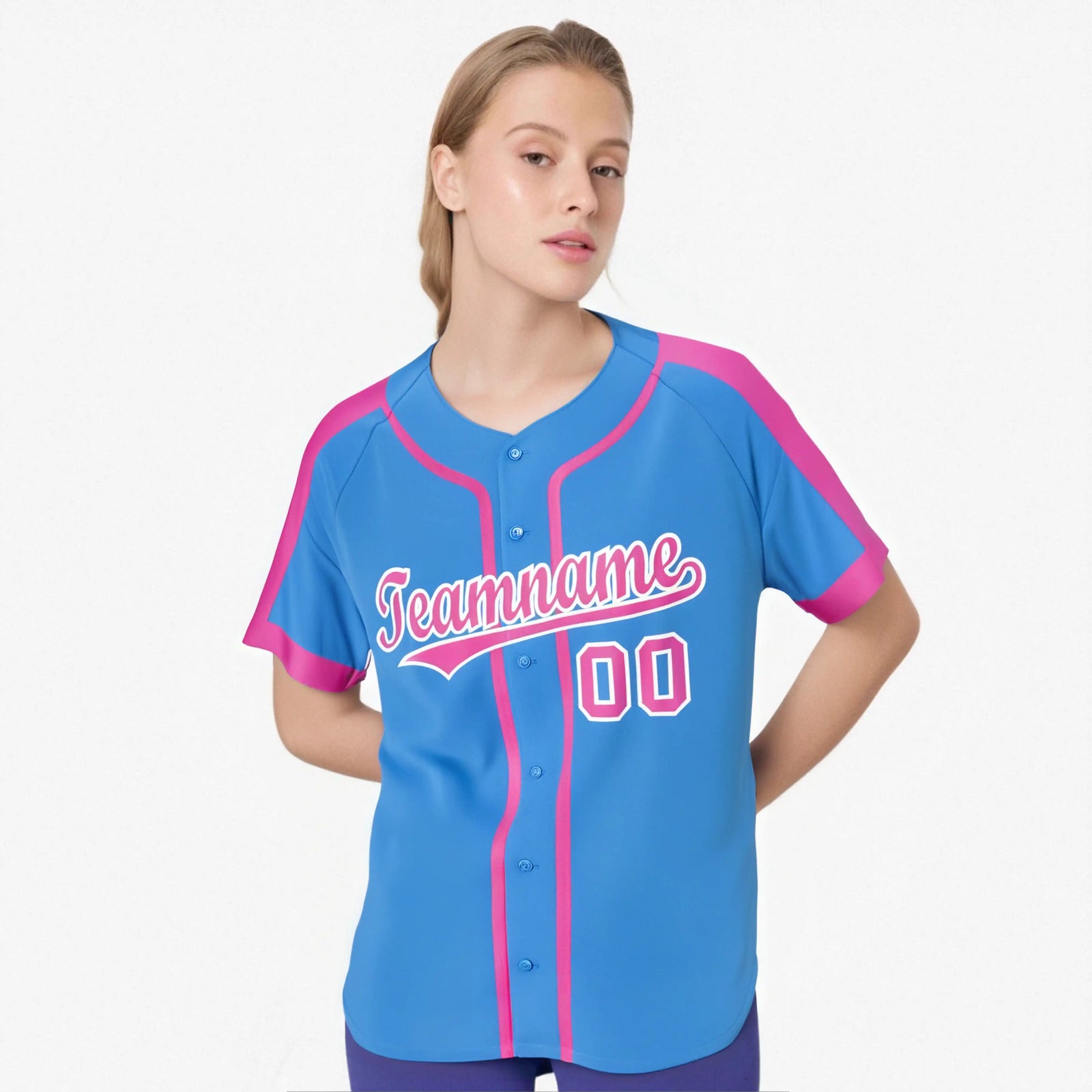 Custom Powder Blue Pink White Baseball Jersey