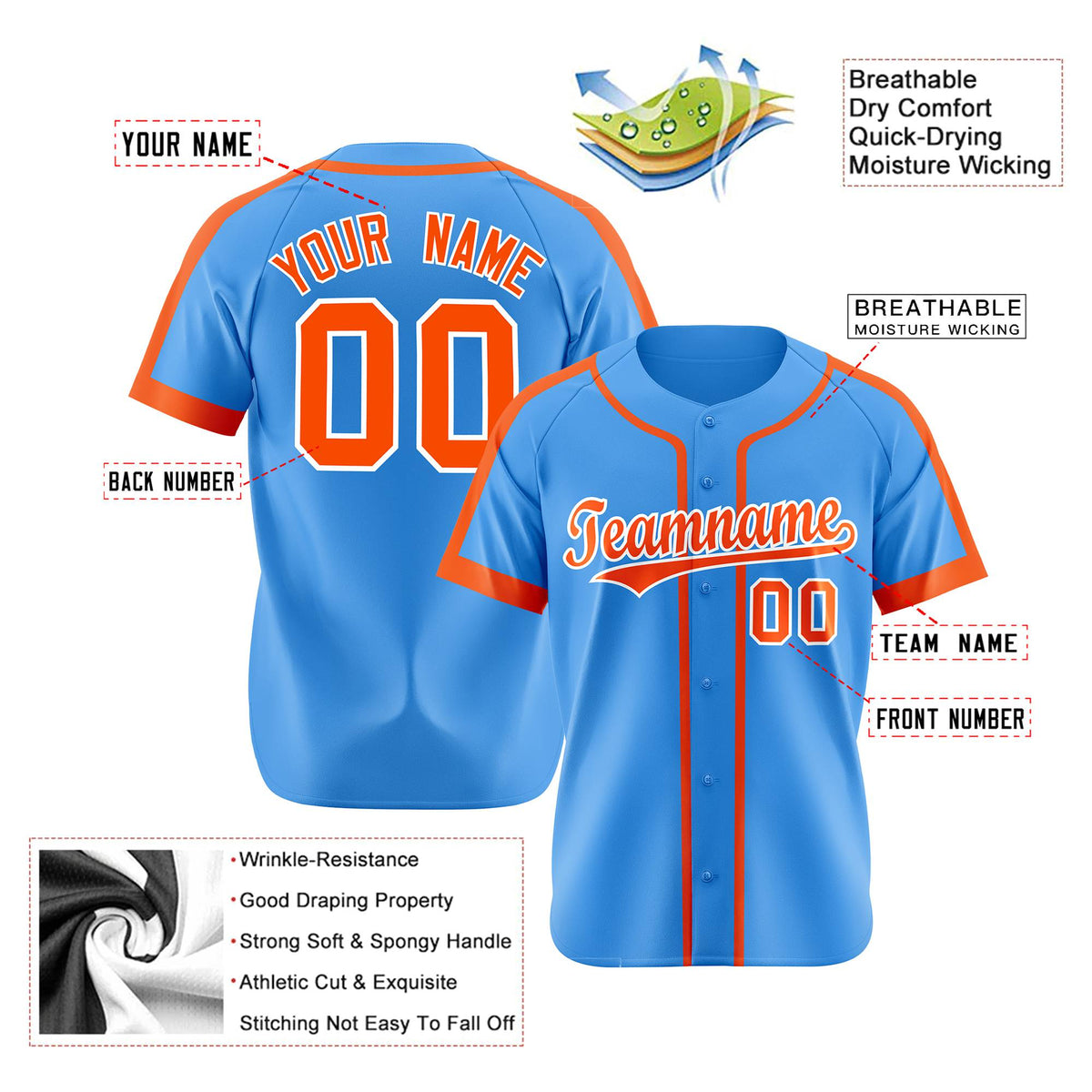 Custom Powder Blue Orange White Baseball Jersey