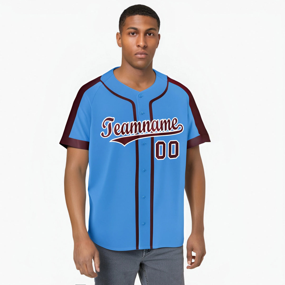 Custom Powder Blue Crimson White Baseball Jersey