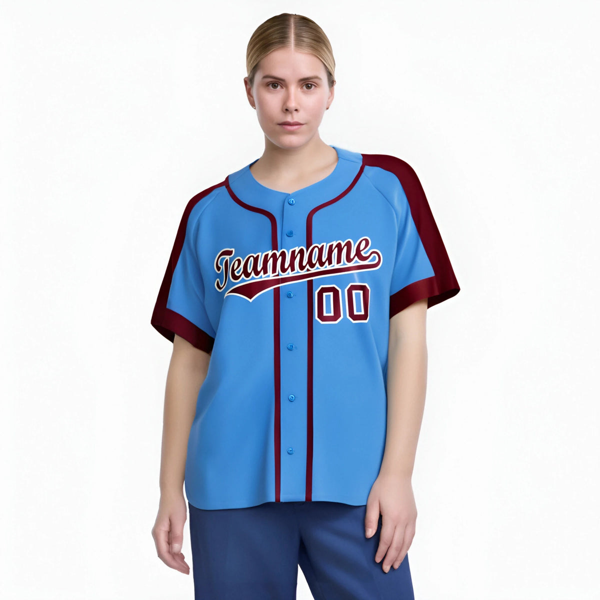 Custom Powder Blue Crimson White Baseball Jersey