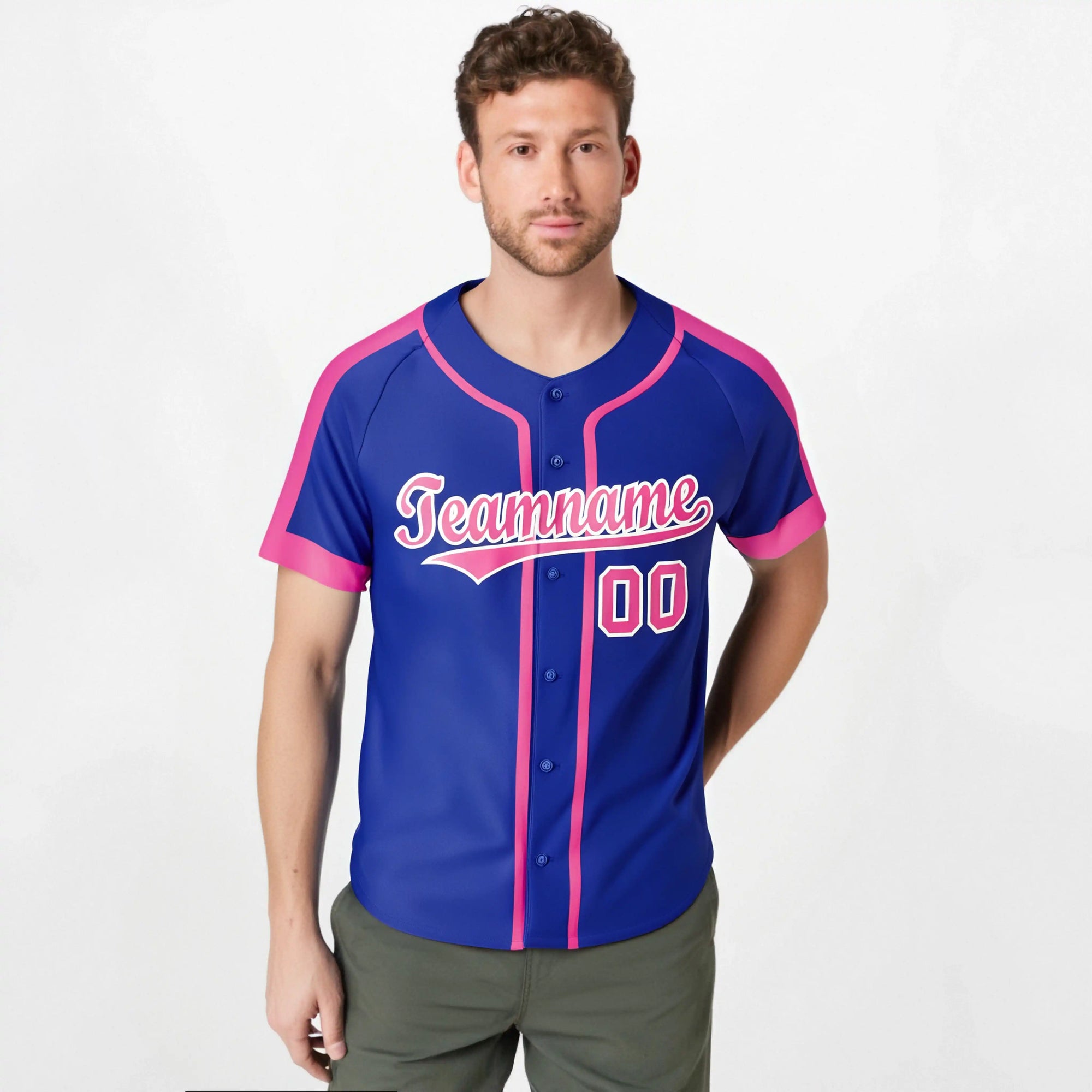 Custom Royal Blue Pink White Baseball Jersey