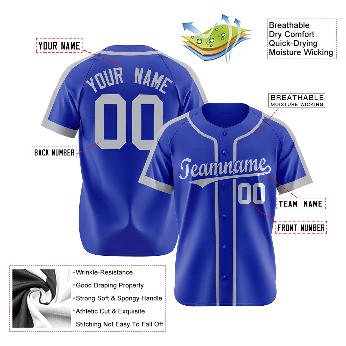 Custom Royal Blue Gray Baseball Jersey