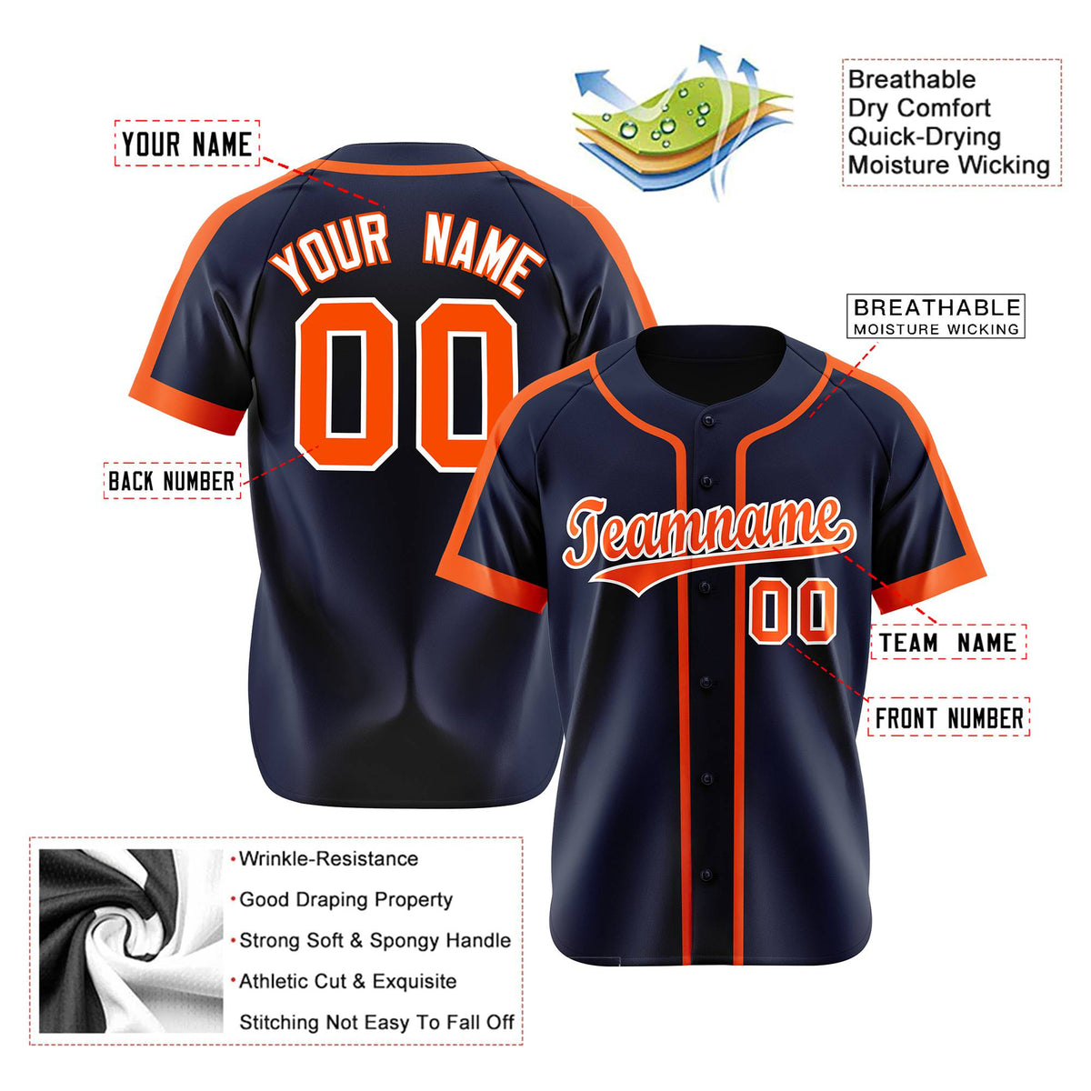 Custom Navy Orange White Baseball Jersey