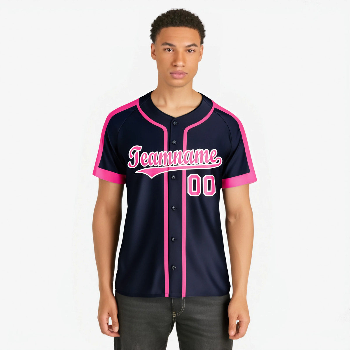 Custom Navy Pink White Baseball Jersey