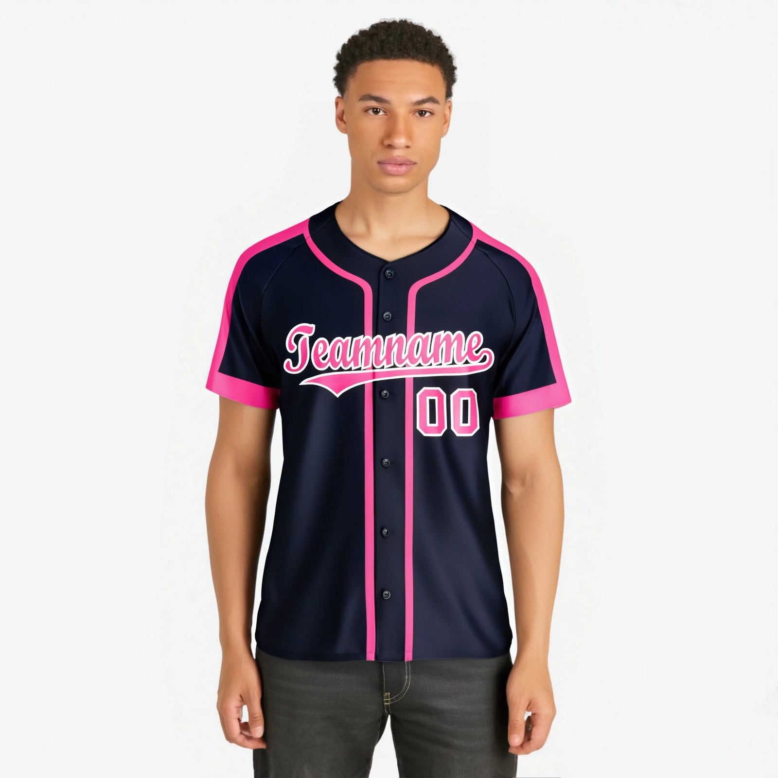 Custom Navy Pink White Baseball Jersey