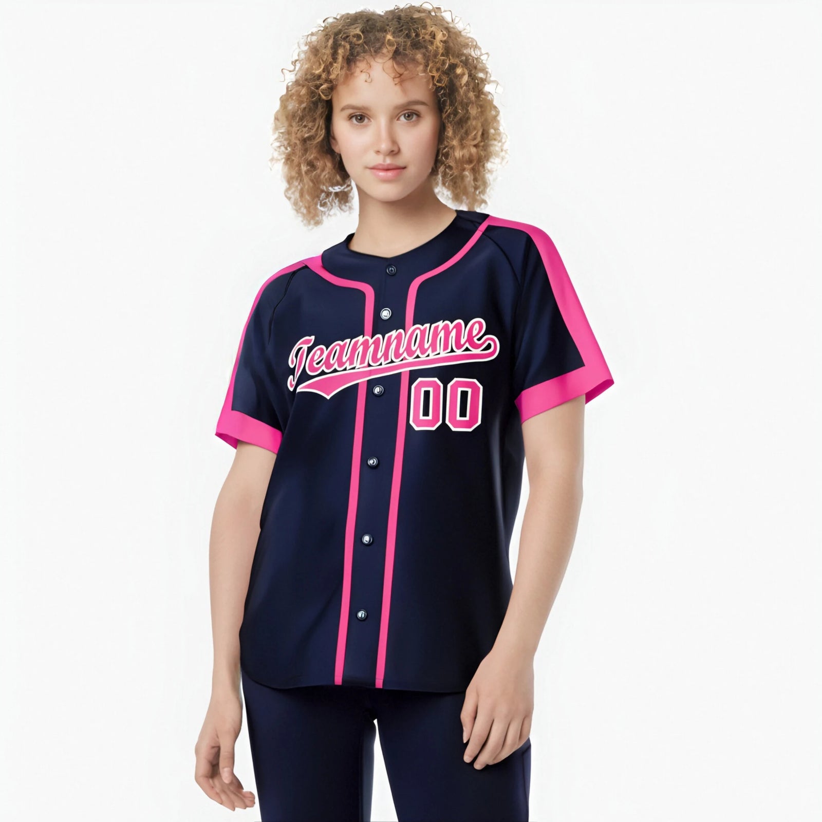 Custom Navy Pink White Baseball Jersey