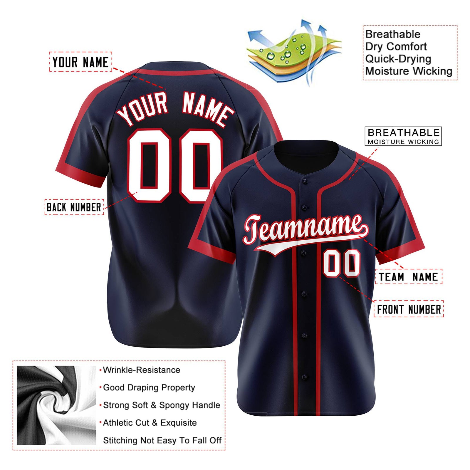 Custom Navy Red White Baseball Jersey