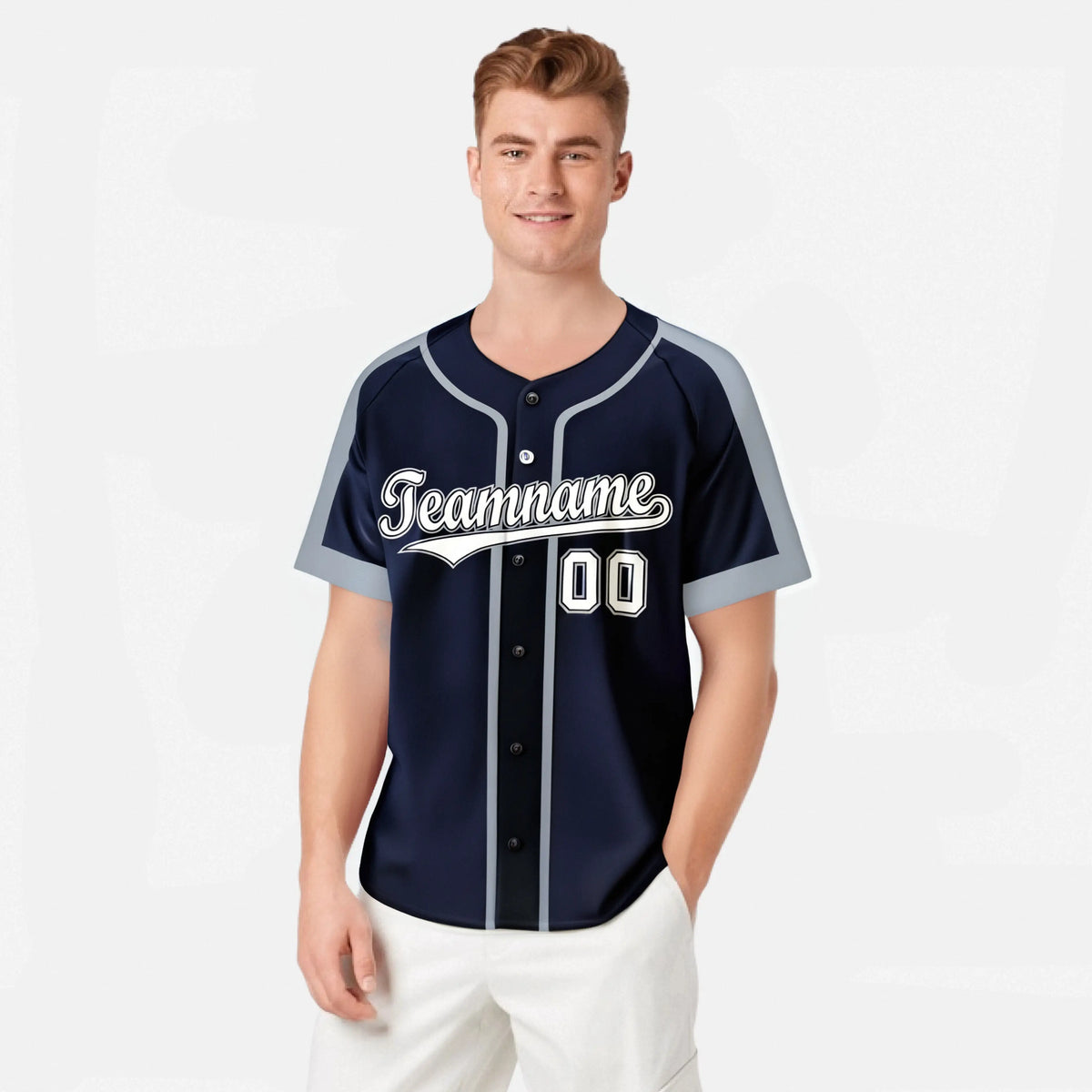 Custom Navy Gray White Baseball Jersey