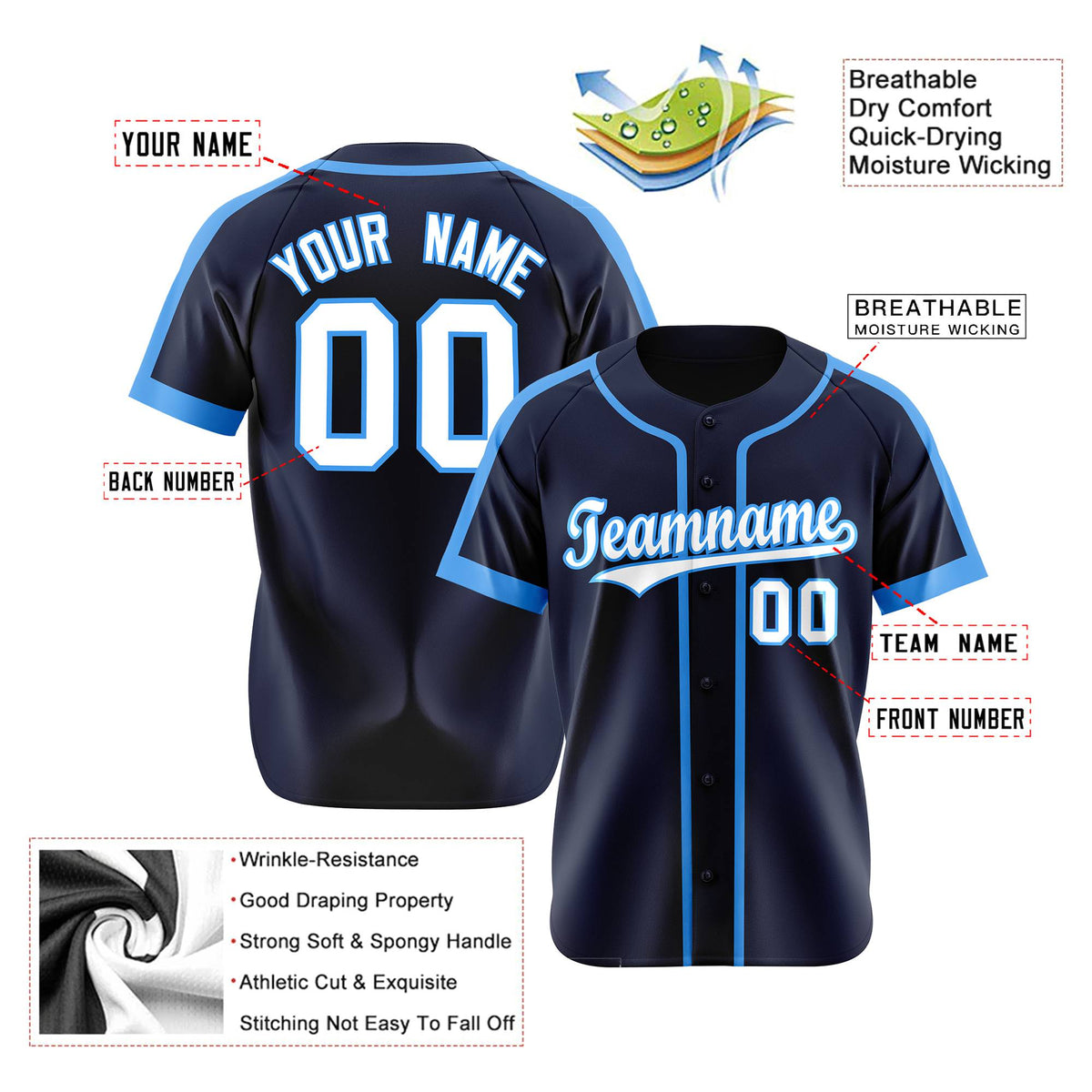Custom Navy Light Bule White Baseball Jersey