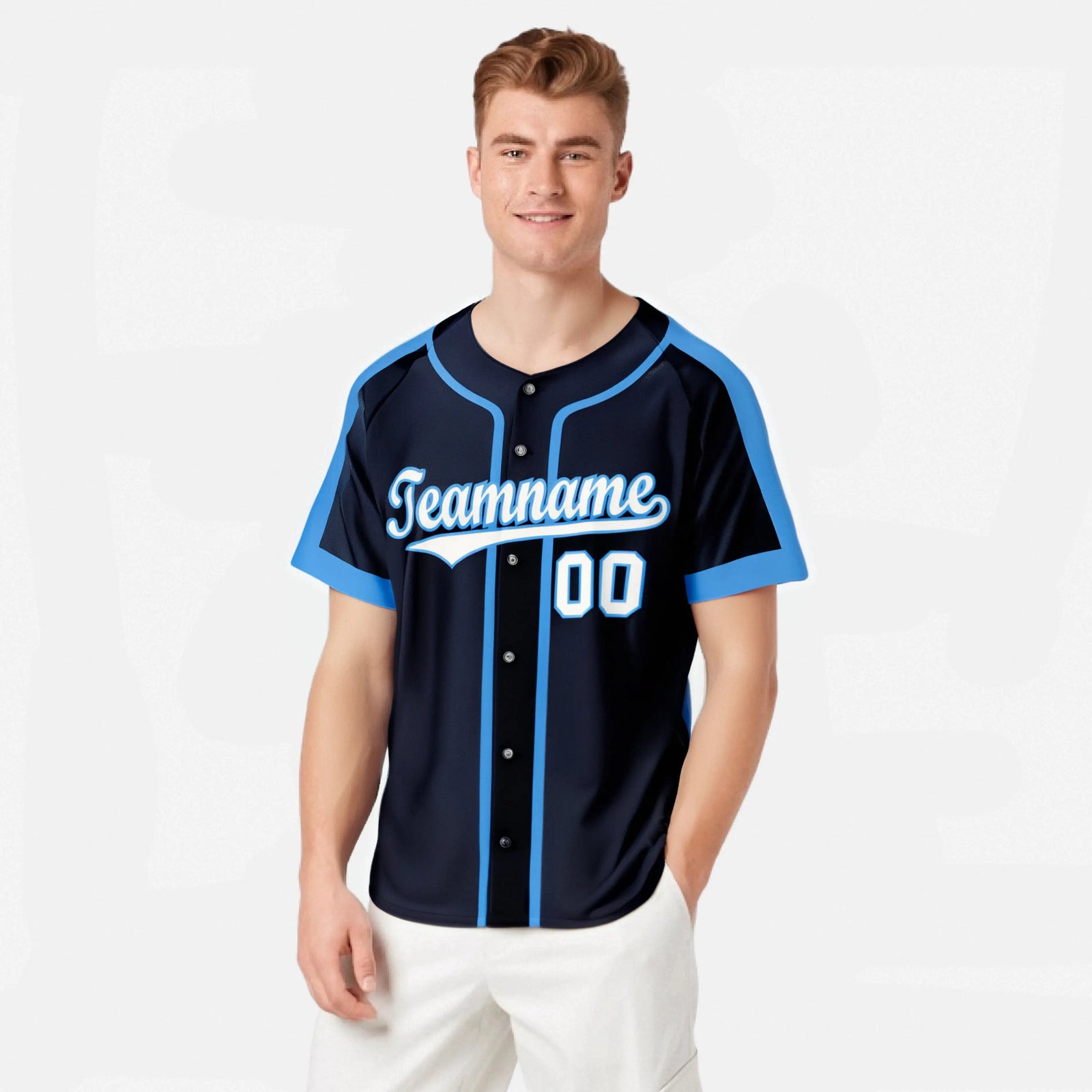 Custom Navy Light Bule White Baseball Jersey