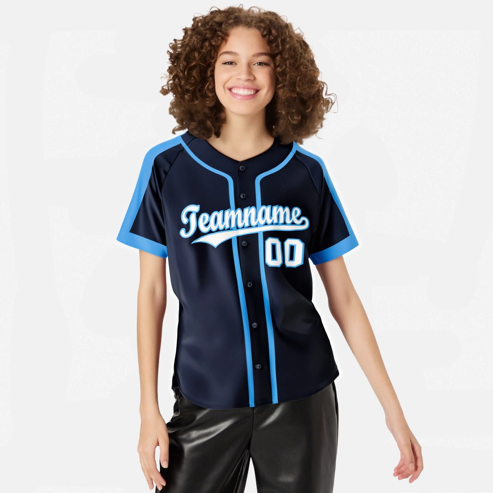 Custom Navy Light Bule White Baseball Jersey