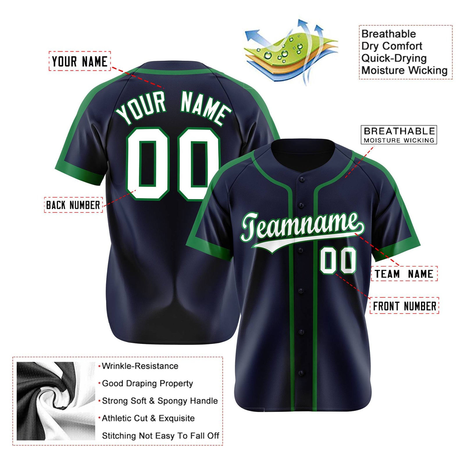 Custom Navy Green White Baseball Jersey