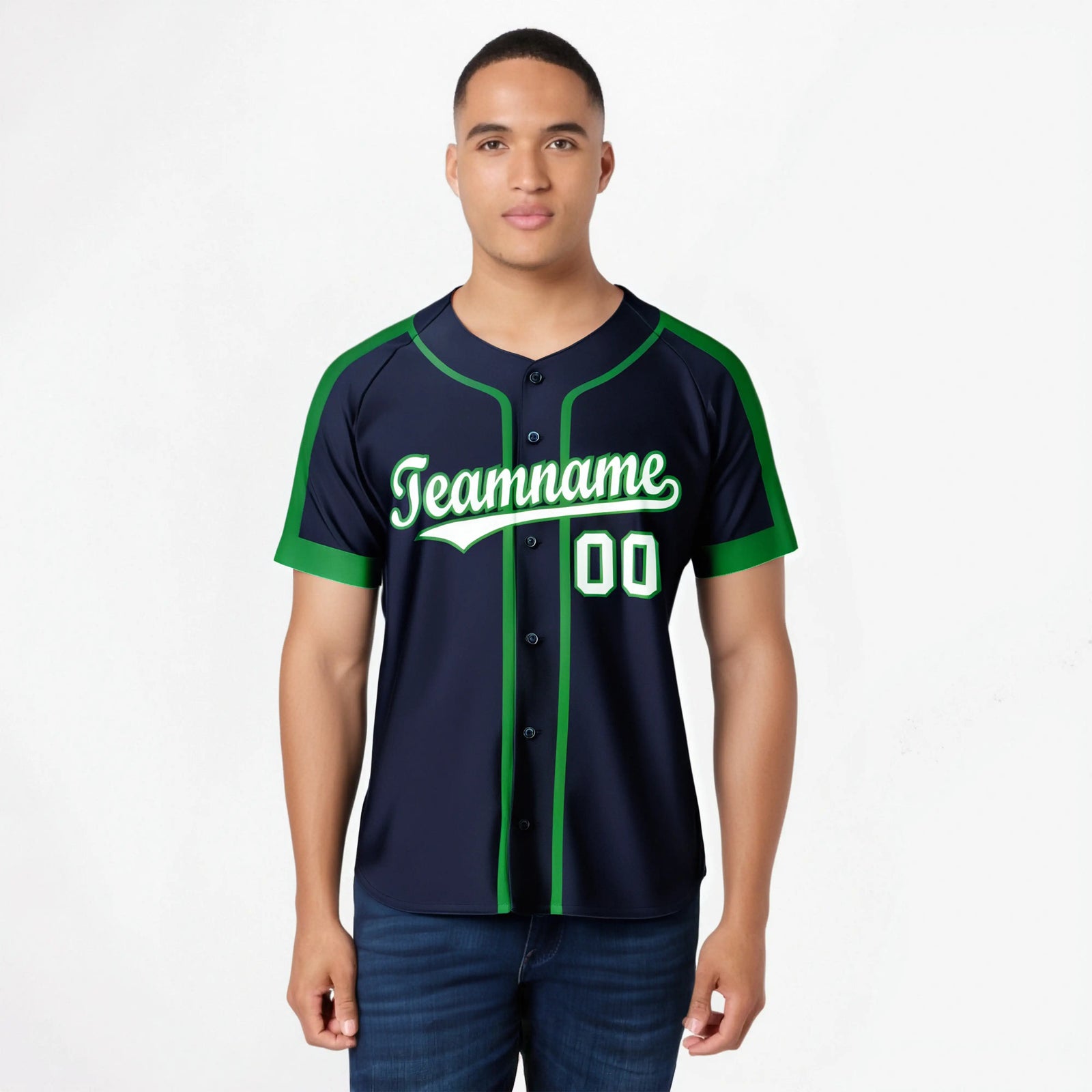 Custom Navy Green White Baseball Jersey