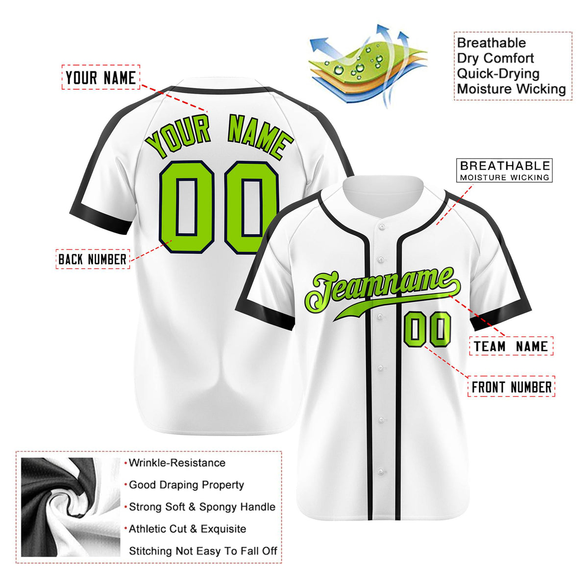 Custom White Green Black Baseball Jersey Personalized For Adults Youth