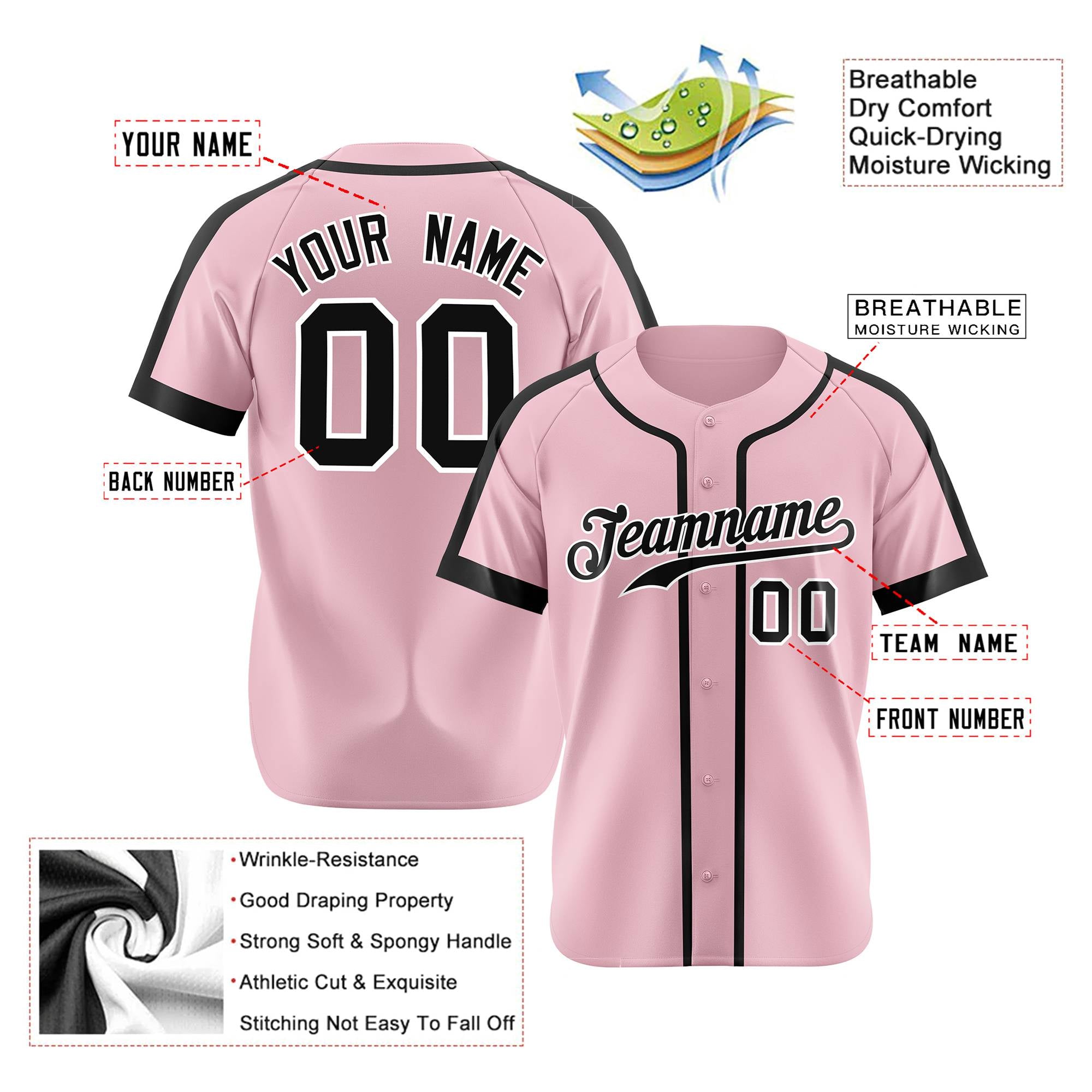 Custom Pink Black White Baseball Jersey