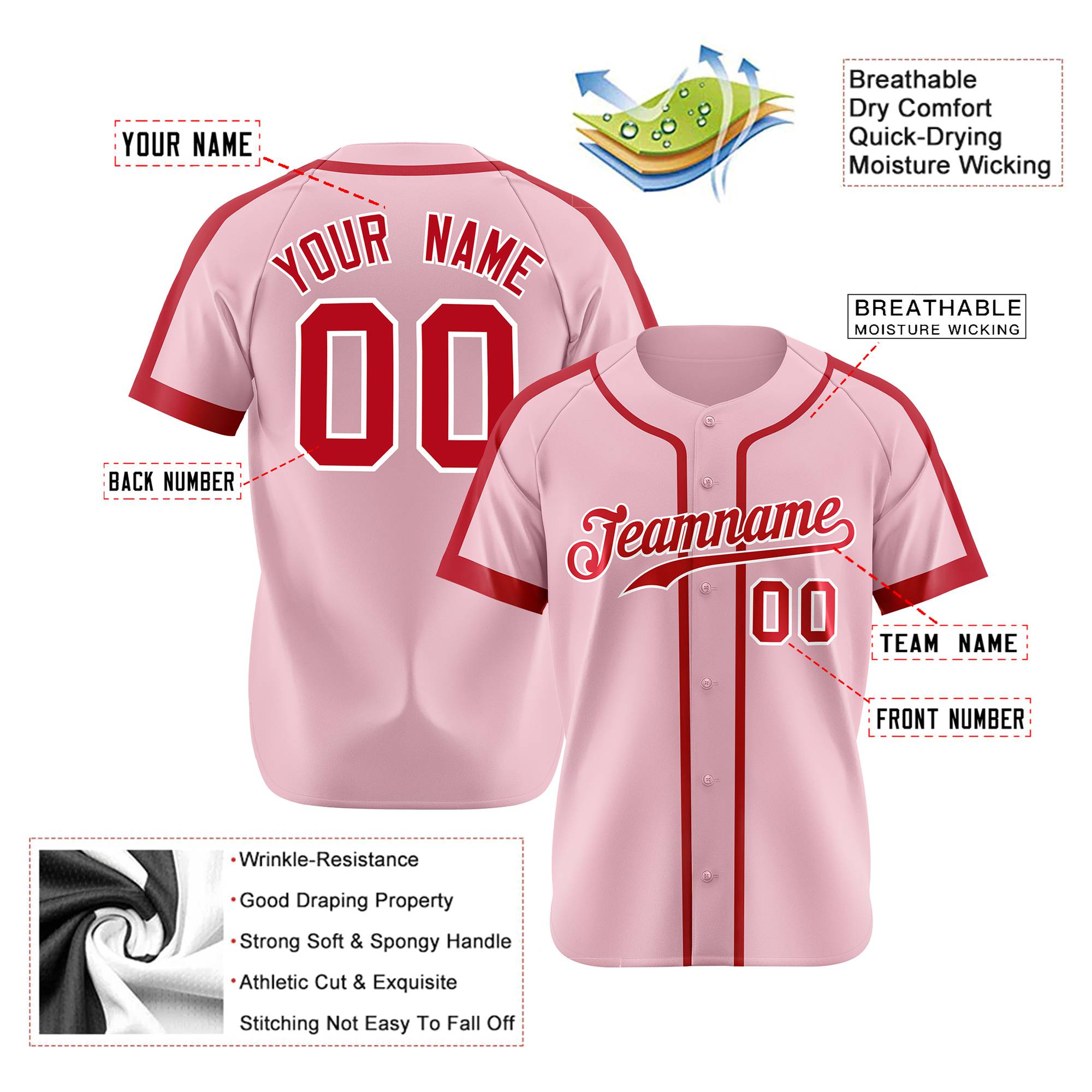 Custom Pink Red White Baseball Jersey