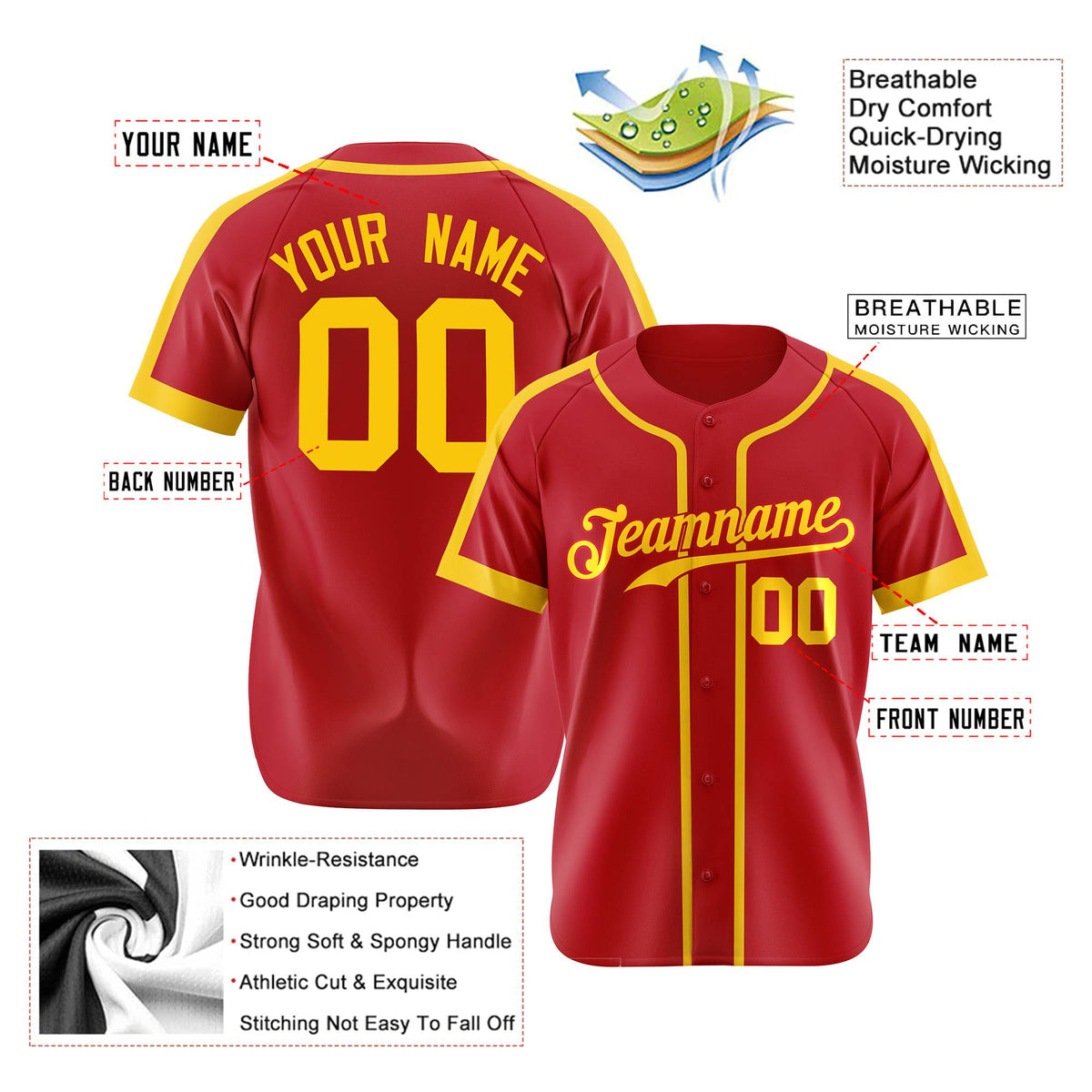 Custom Red Gold Baseball Jersey