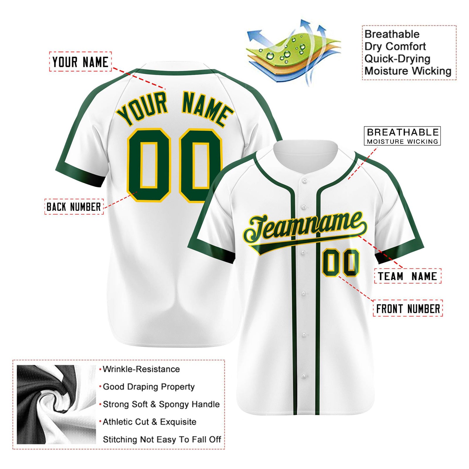 Custom White Green Baseball Jersey Personalized For Adults Youth