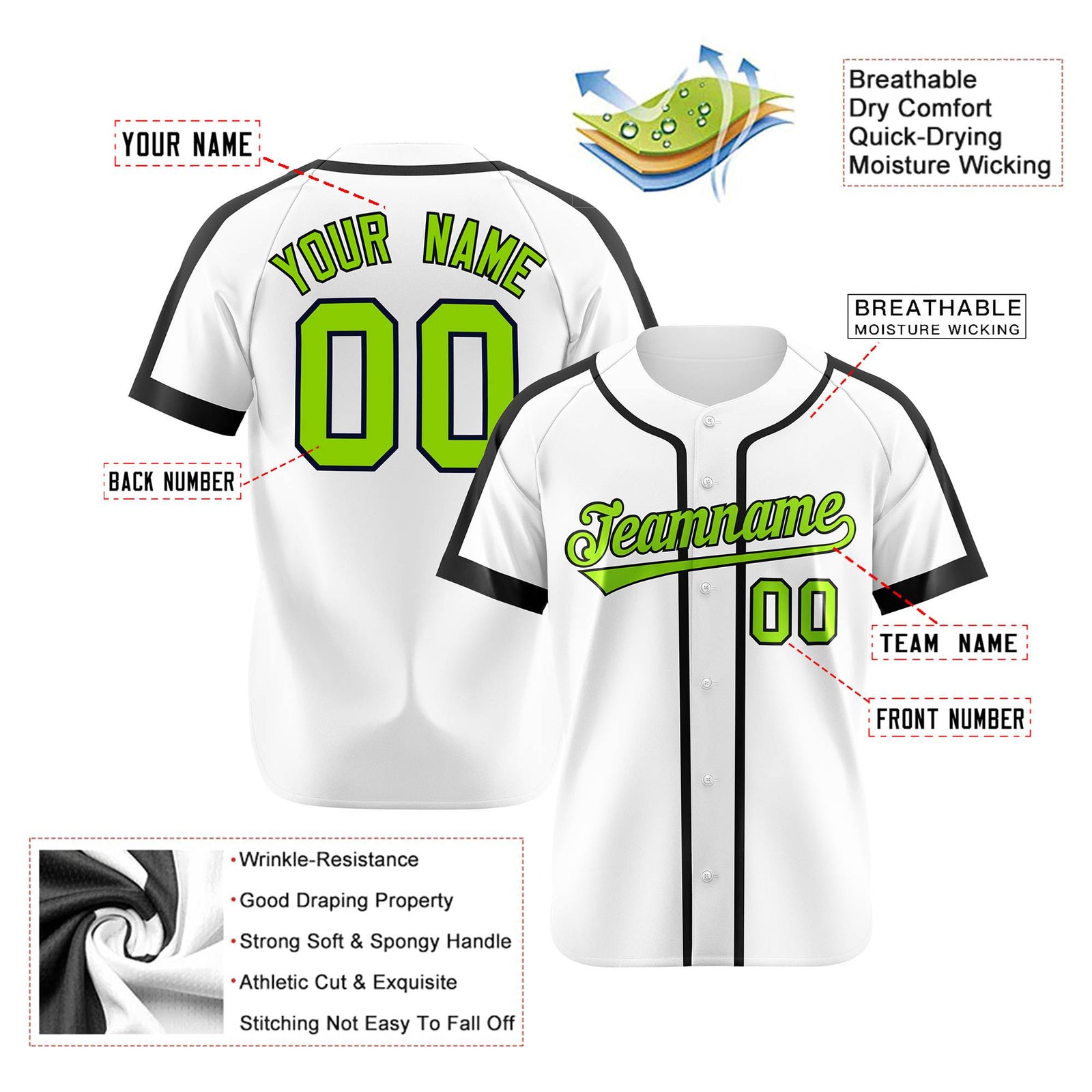 Custom White Green Black Baseball Jersey Personalized For Adults Youth