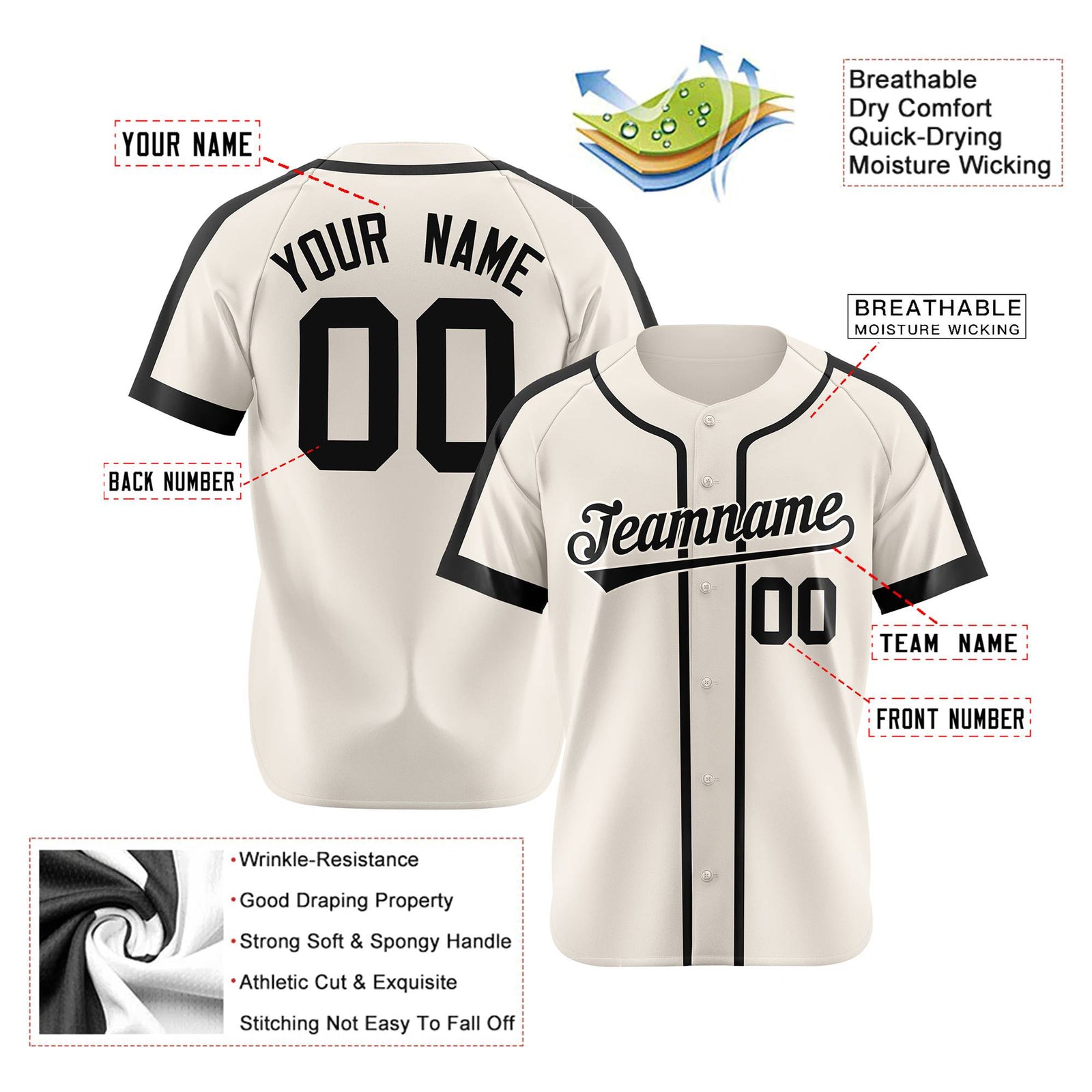 Custom Cream Black Baseball Jersey