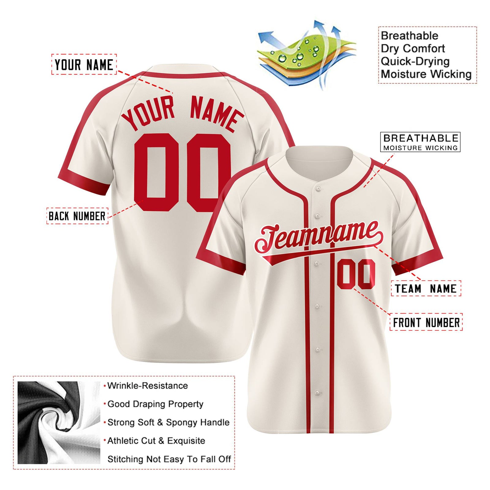Custom Khaki Red Baseball Jersey