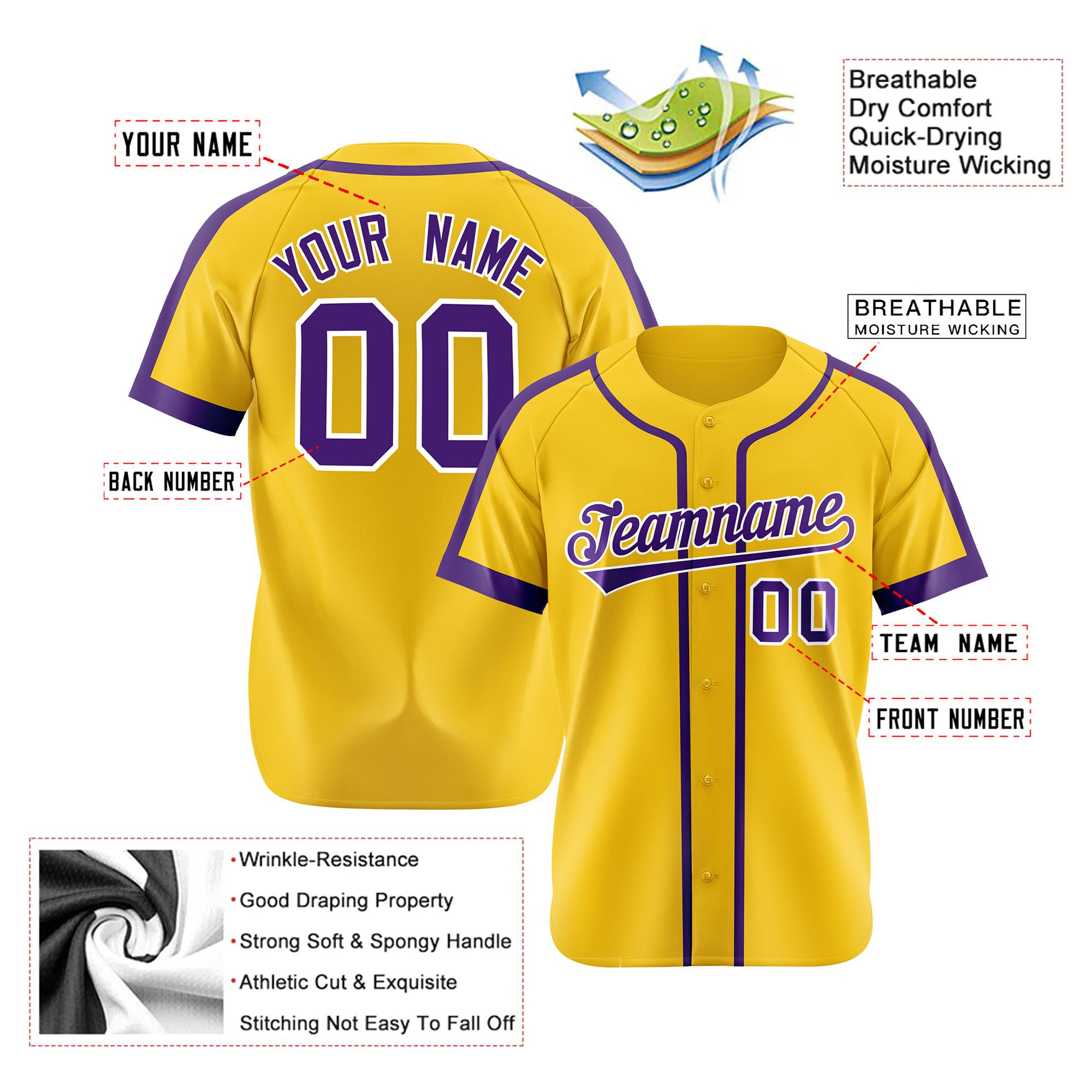 Custom Yellow Purple White Baseball Jersey