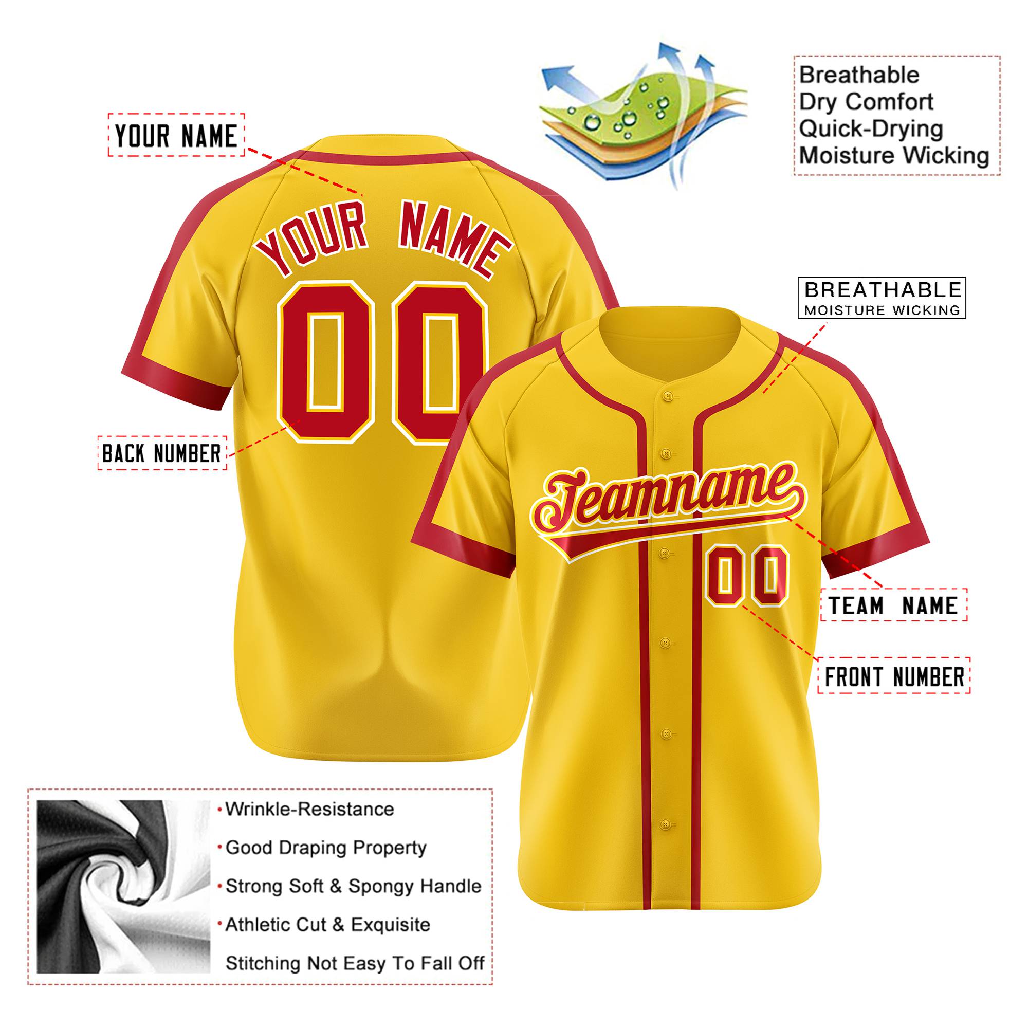 Custom Yellow Red White Baseball Jersey