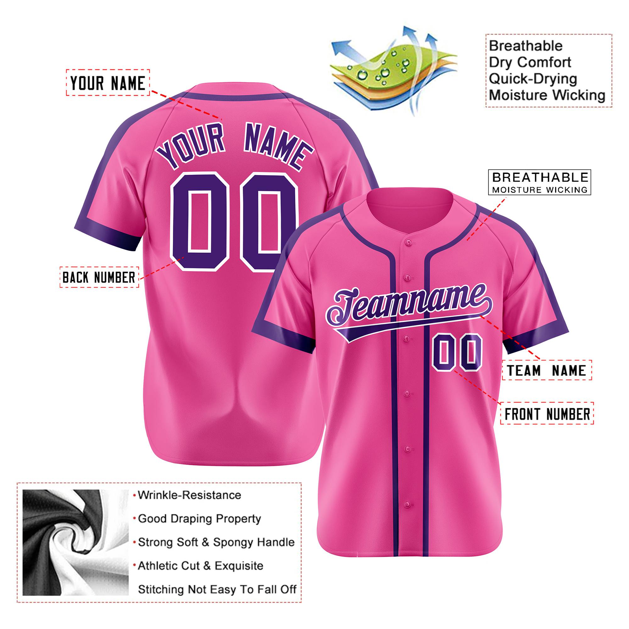 Custom Pink Purple White Baseball Jersey